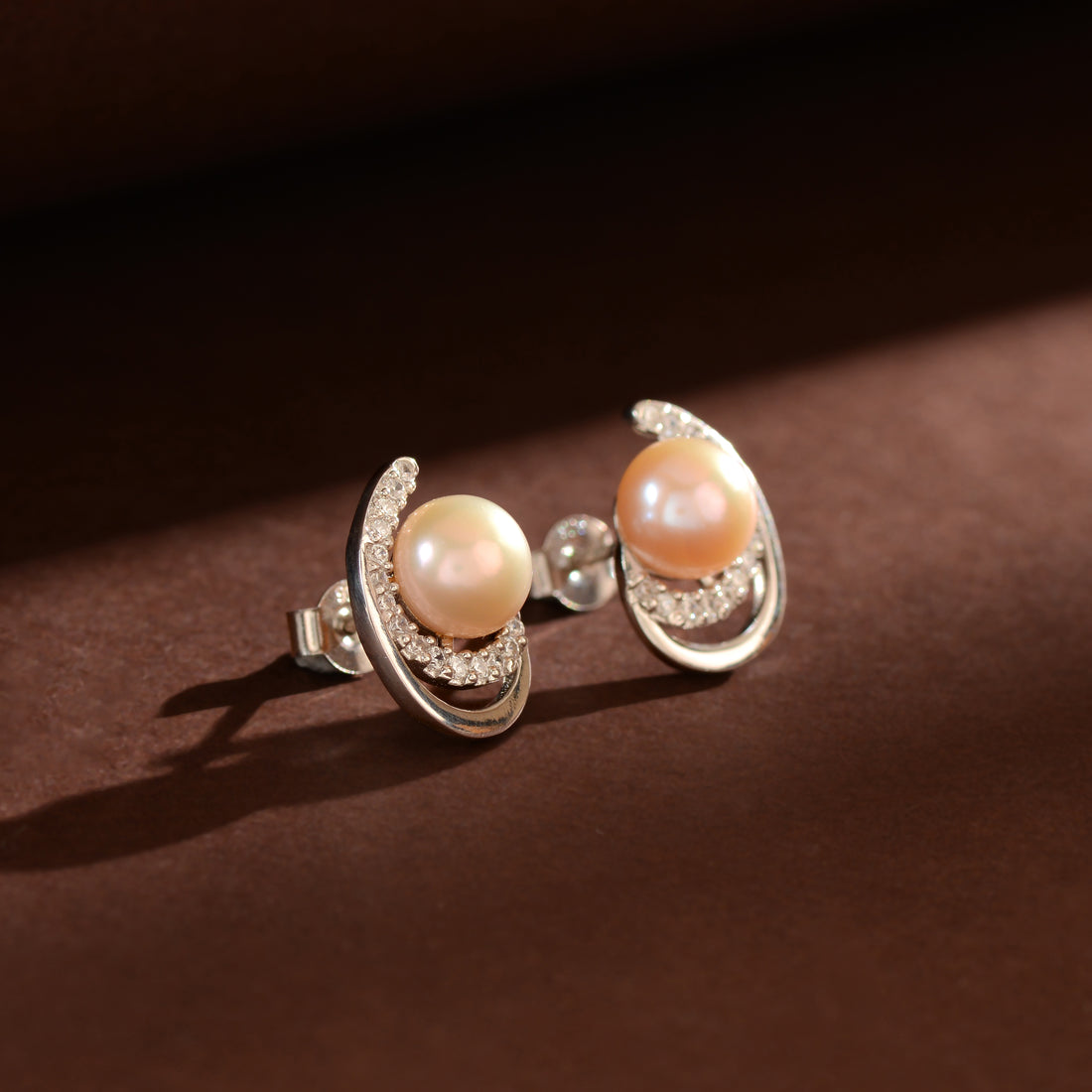 Blush Crescent Pearl Studs (Pink Freshwater Pearl Stud Earrings in Silver)