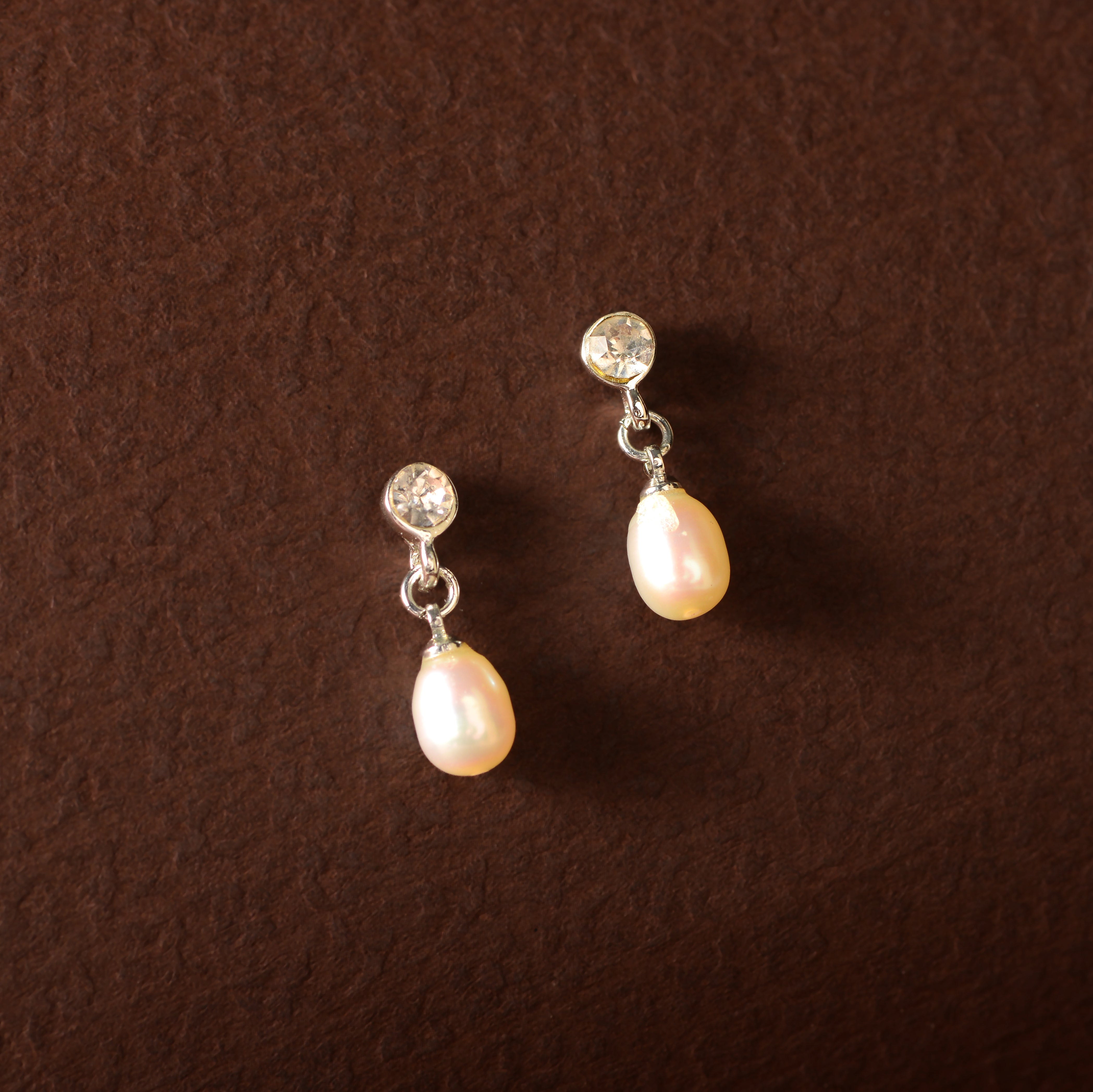 CZ Pearl Drop Danglers (Freshwater Pearl & Stone Drop Earrings in Silver)