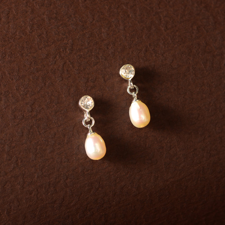 CZ Pearl Drop Danglers (Freshwater Pearl & Stone Drop Earrings in Silver)