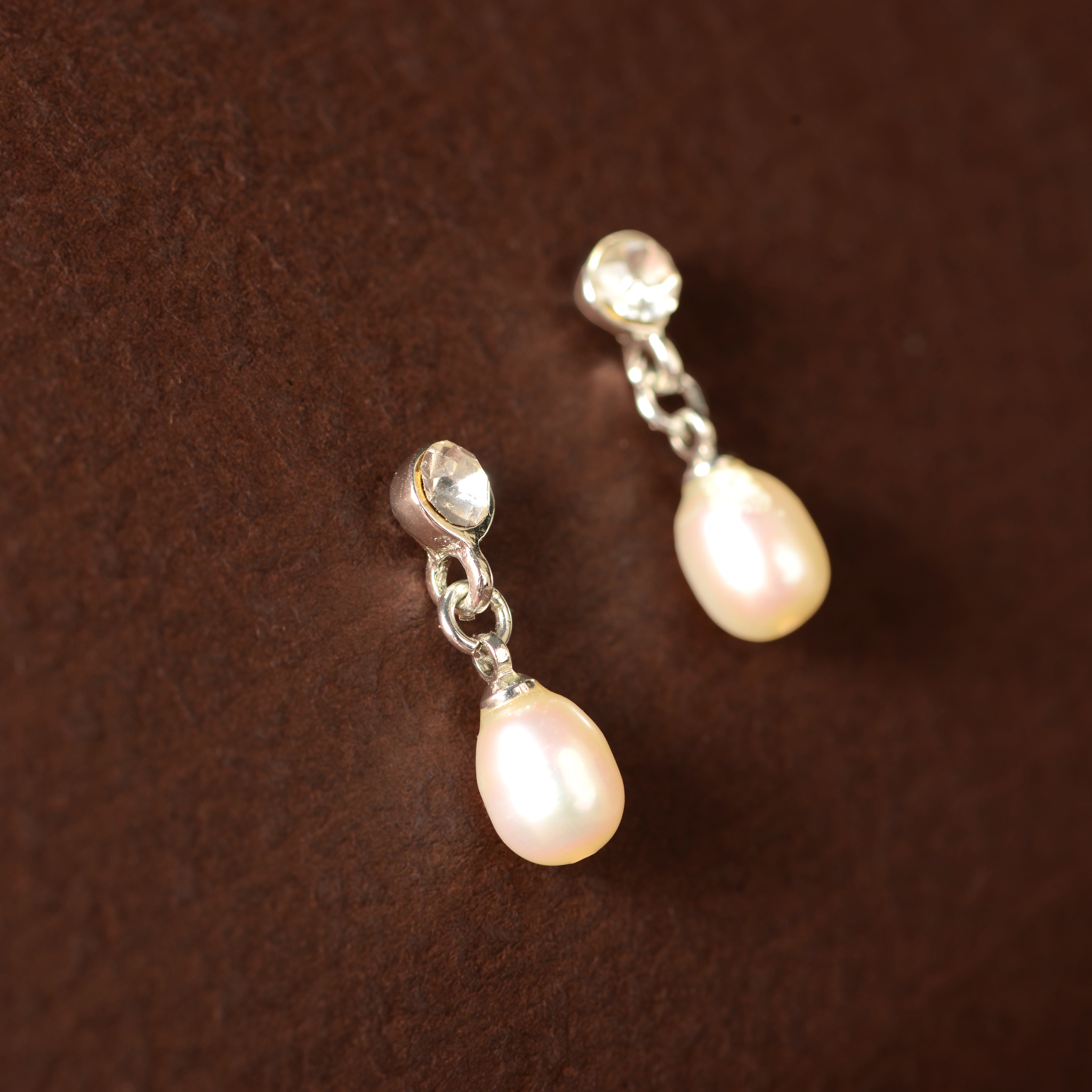 CZ Pearl Drop Danglers (Freshwater Pearl & Stone Drop Earrings in Silver)