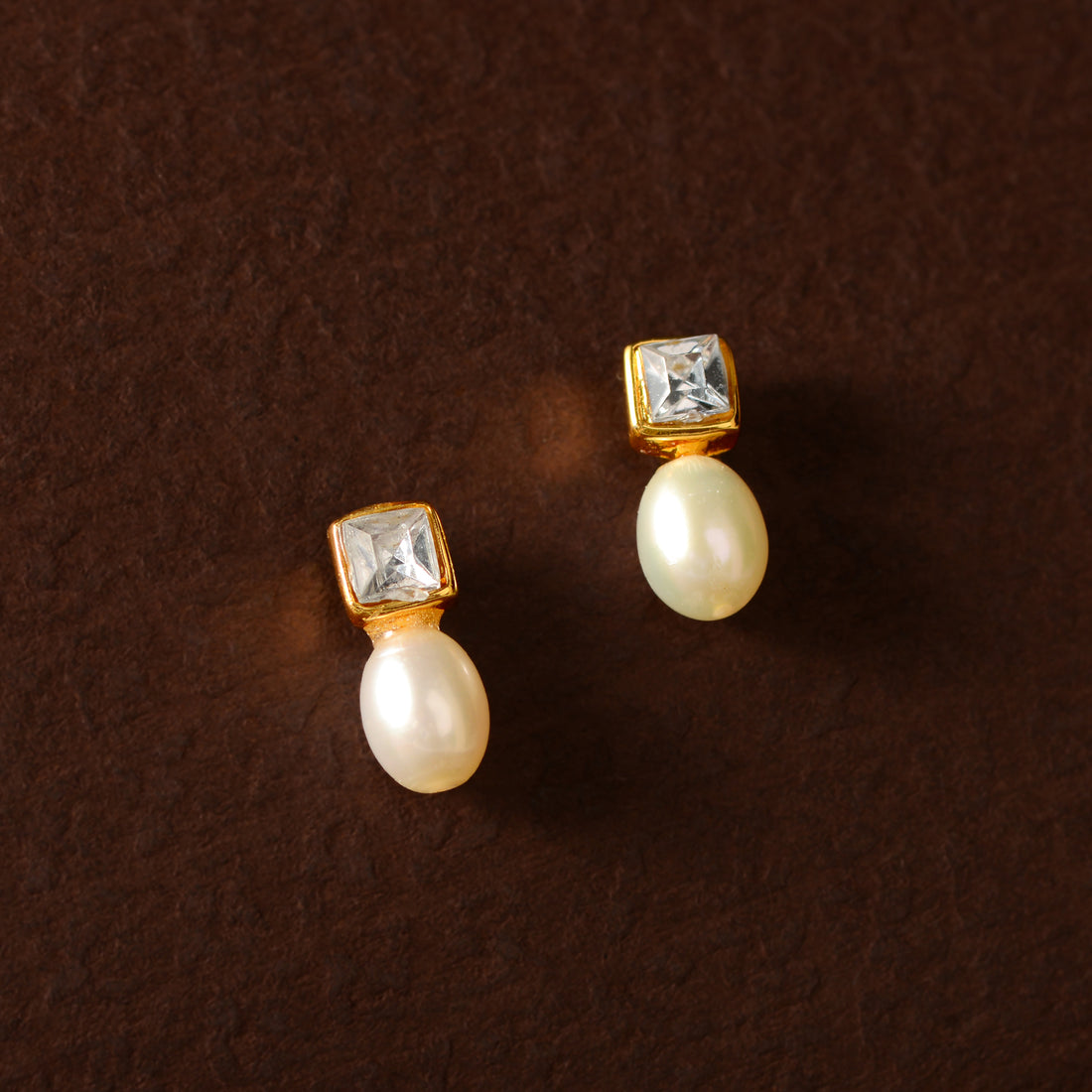 Square Crest Pearl Drop Earrings (Freshwater Pearl Drop Earrings with Gold Finish)