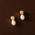 Square Crest Pearl Drop Earrings (Freshwater Pearl Drop Earrings with Gold Finish)