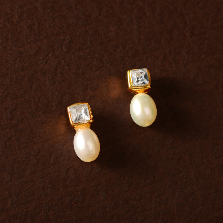 Square Crest Pearl Drop Earrings (Freshwater Pearl Drop Earrings with Gold Finish)