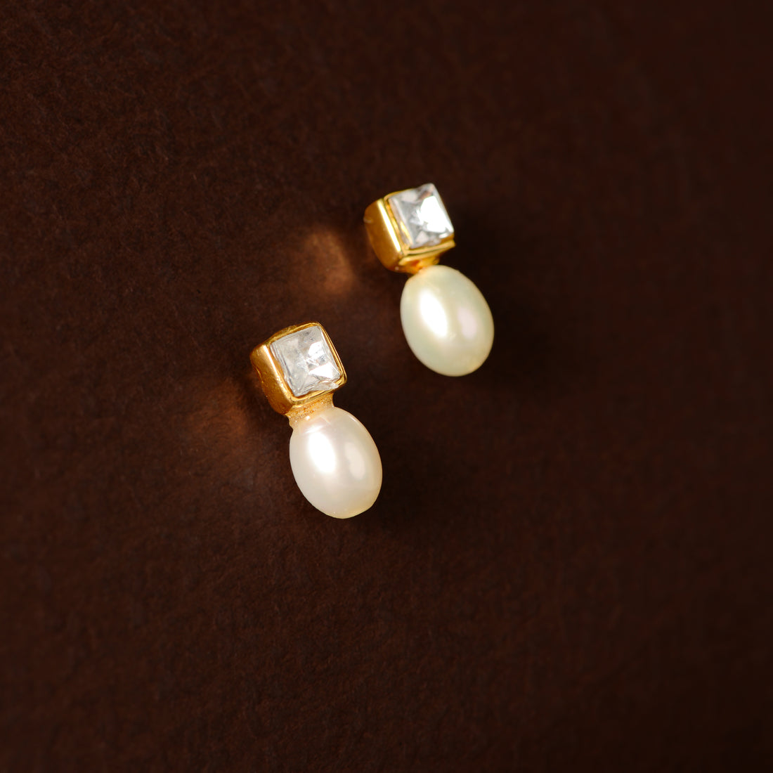 Square Crest Pearl Drop Earrings (Freshwater Pearl Drop Earrings with Gold Finish)