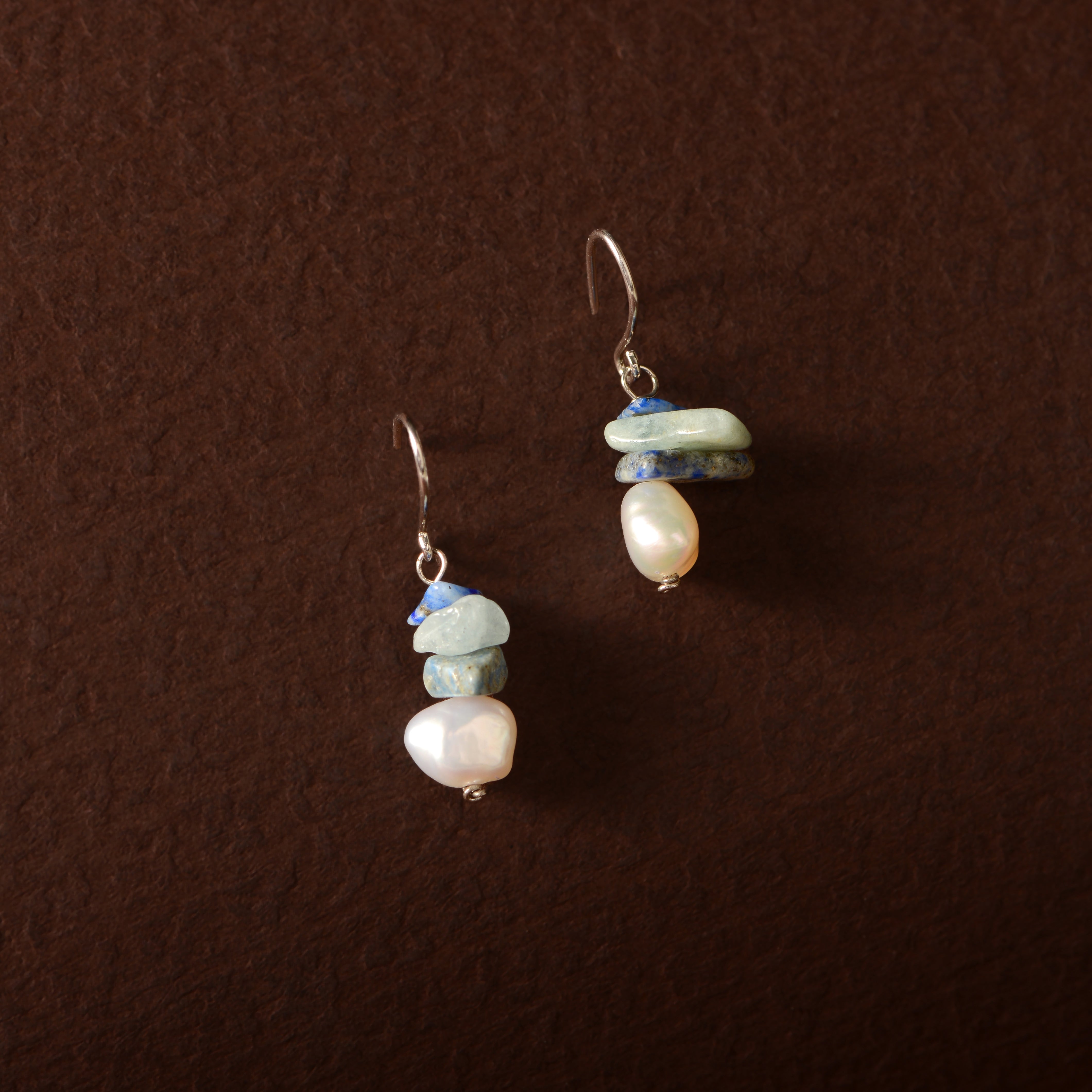 Pearl & Lapis Lazuli J-Hoop Earrings ( Uneven Freshwater Pearl & lapis lazuli Earrings in Silver)