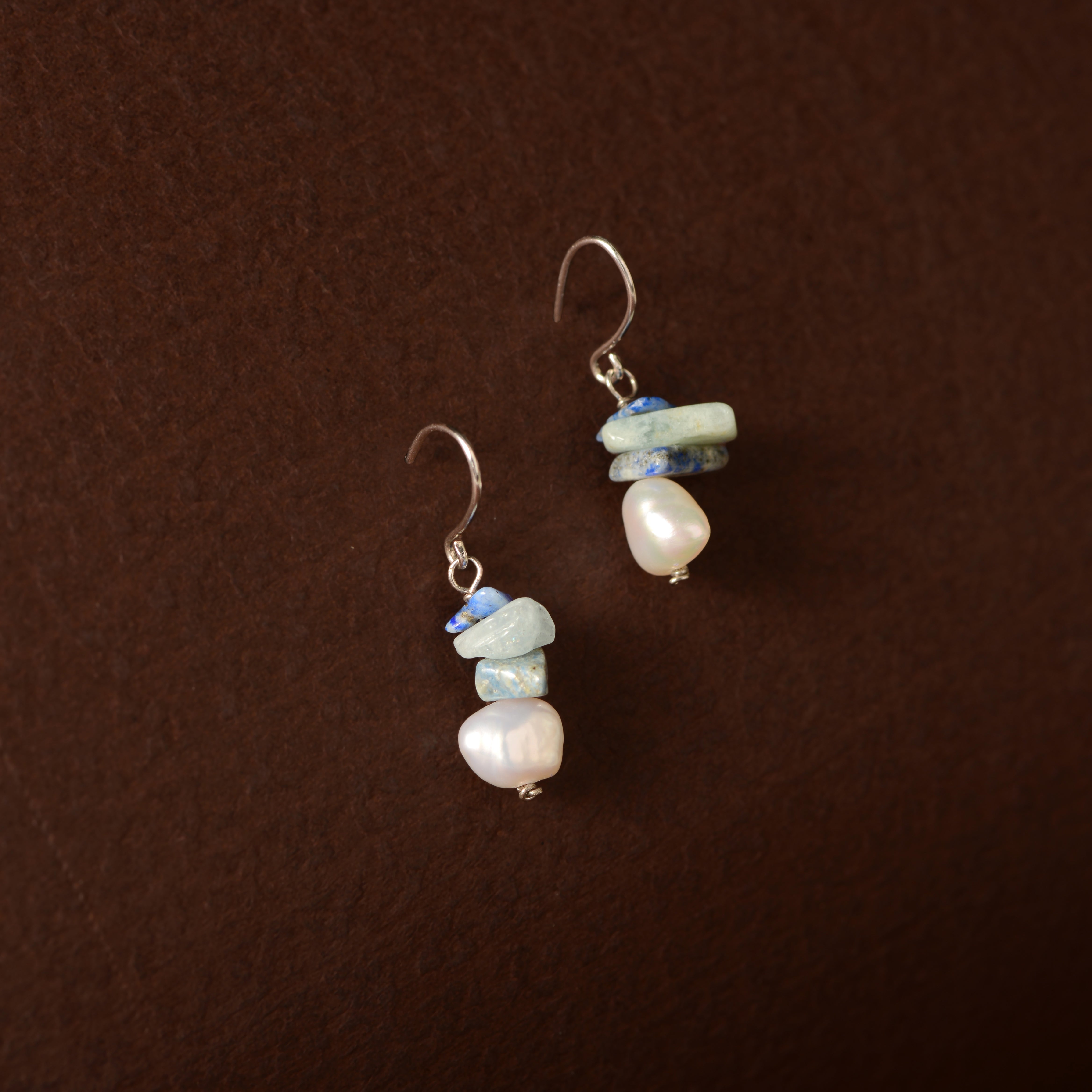 Pearl & Lapis Lazuli J-Hoop Earrings ( Uneven Freshwater Pearl & lapis lazuli Earrings in Silver)