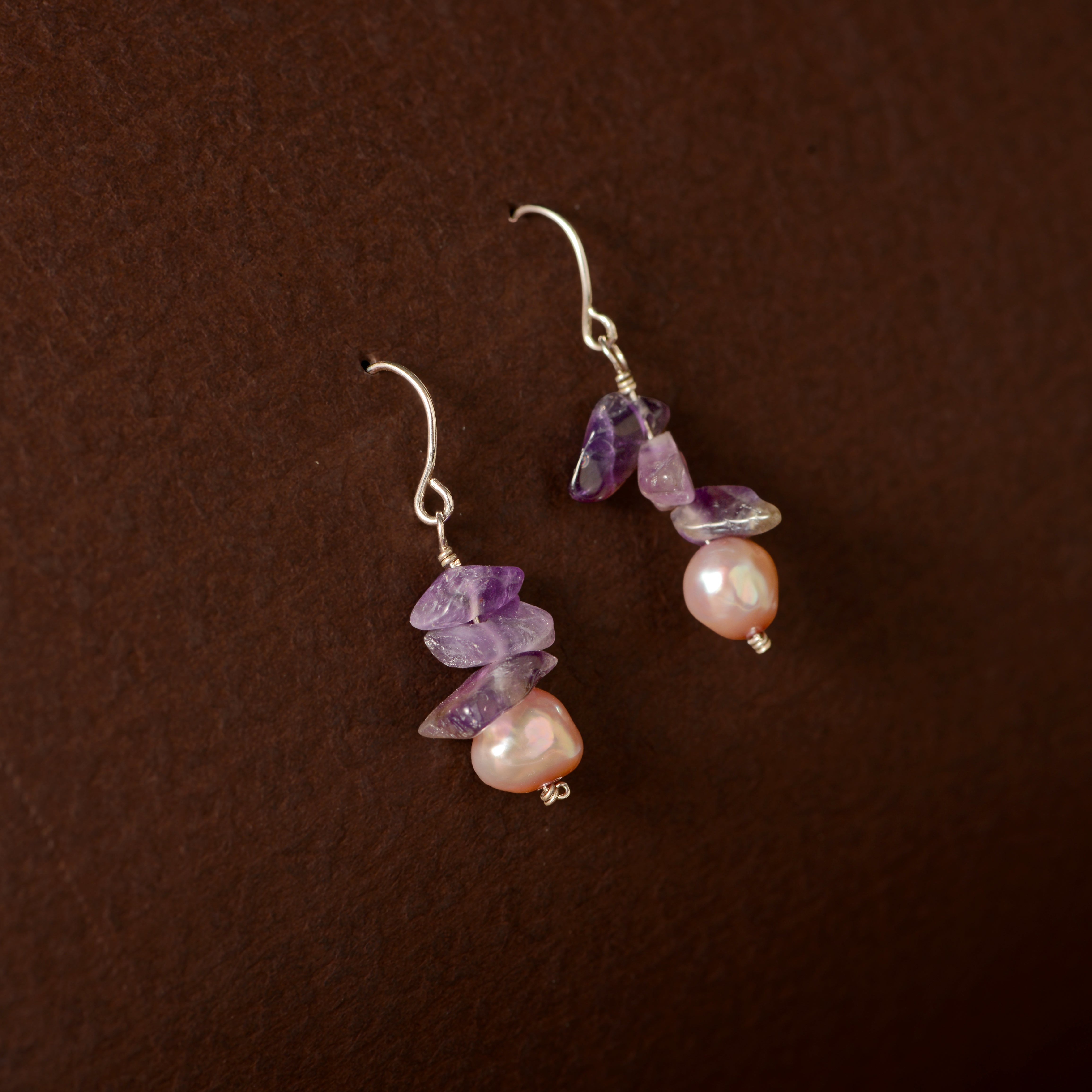 Amethyst Pearl Cascade Earrings (Natural Pearl & Amethyst Hanging Earrings)
