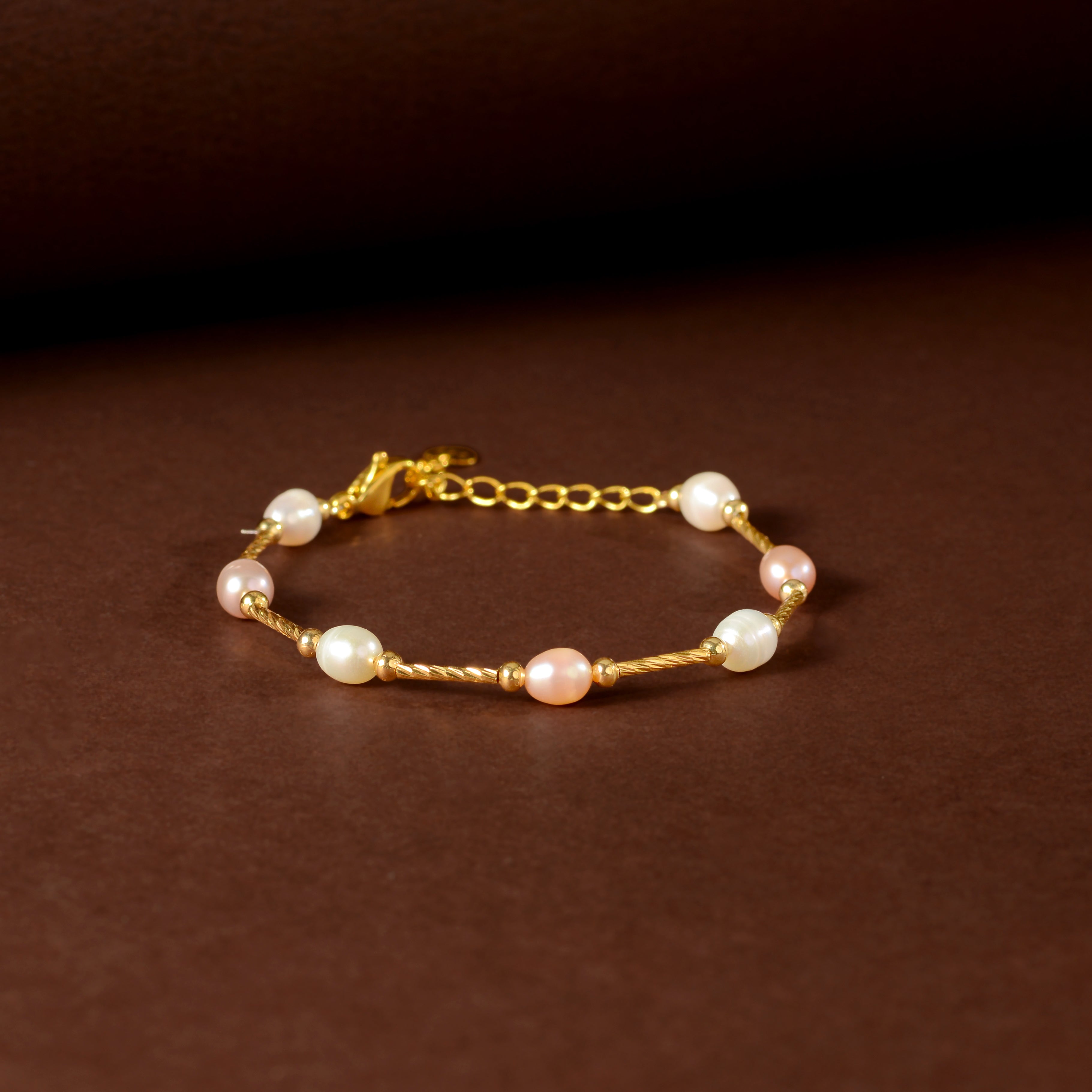 Blush & Ivory Pearl Chain Bracelet (Freshwater Pearl Bracelet with Gold-Plated Accents)