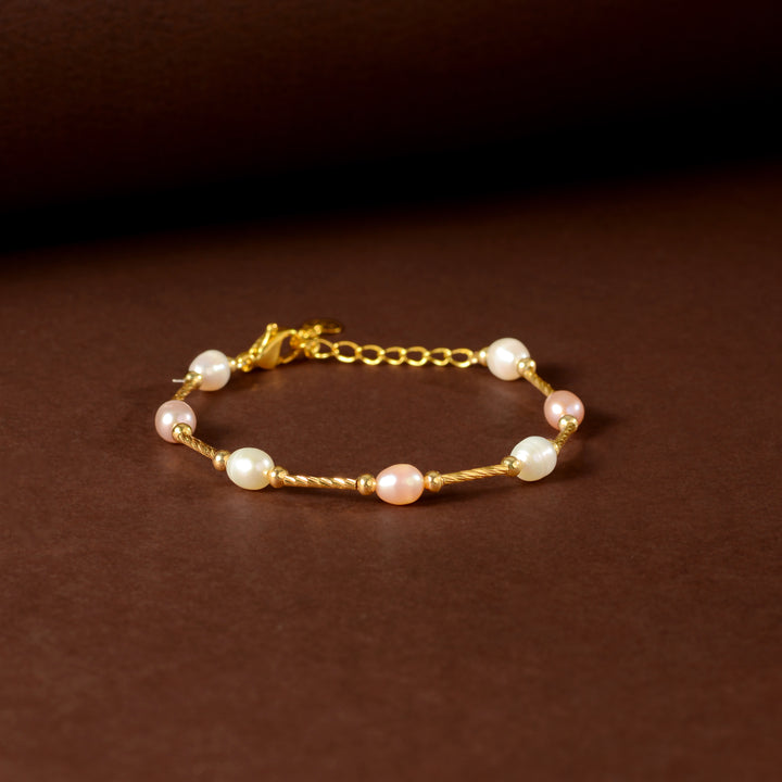 Blush & Ivory Pearl Chain Bracelet (Freshwater Pearl Bracelet with Gold-Plated Accents)