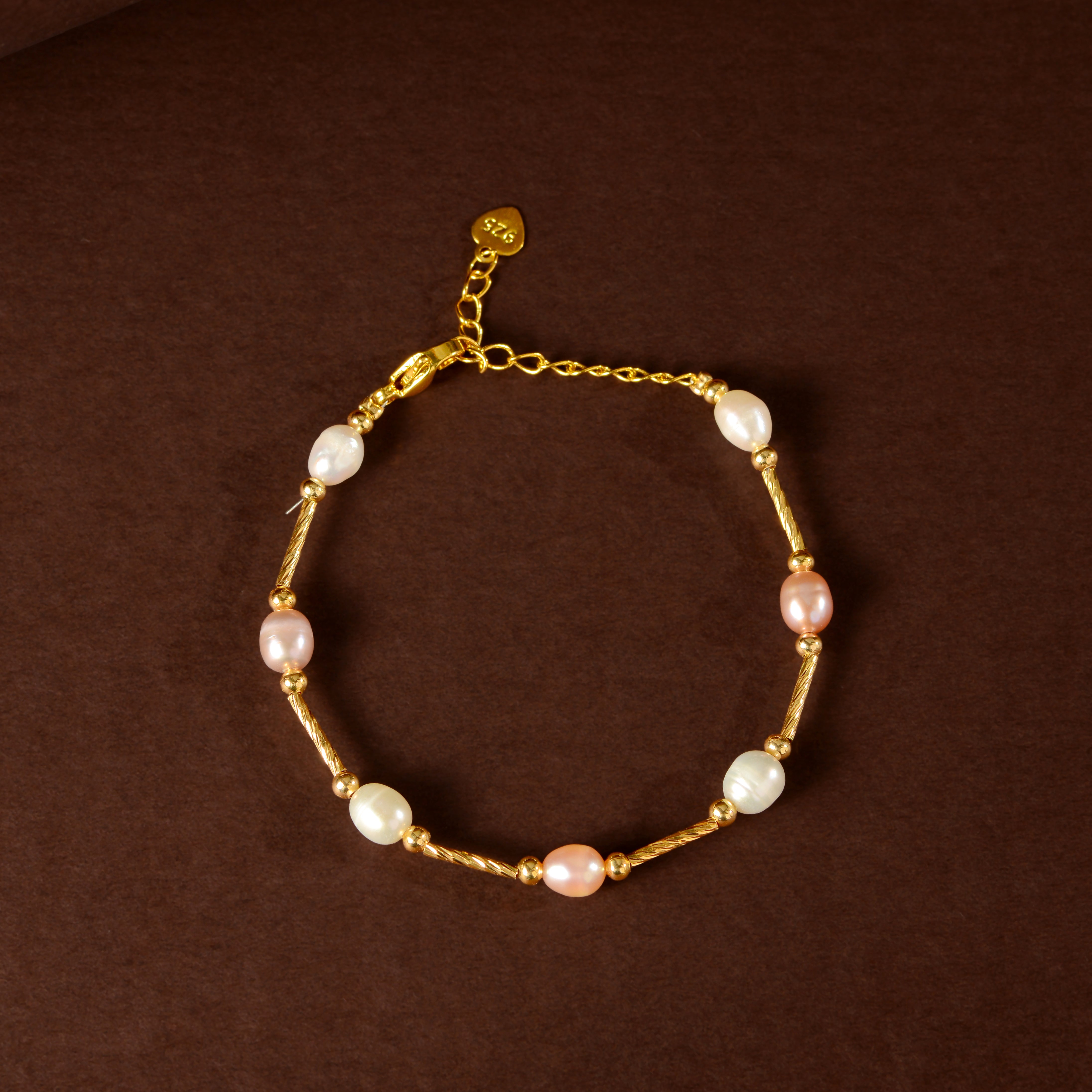 Blush & Ivory Pearl Chain Bracelet (Freshwater Pearl Bracelet with Gold-Plated Accents)