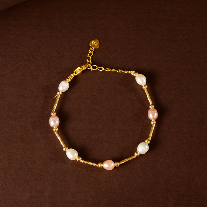 Blush & Ivory Pearl Chain Bracelet (Freshwater Pearl Bracelet with Gold-Plated Accents)