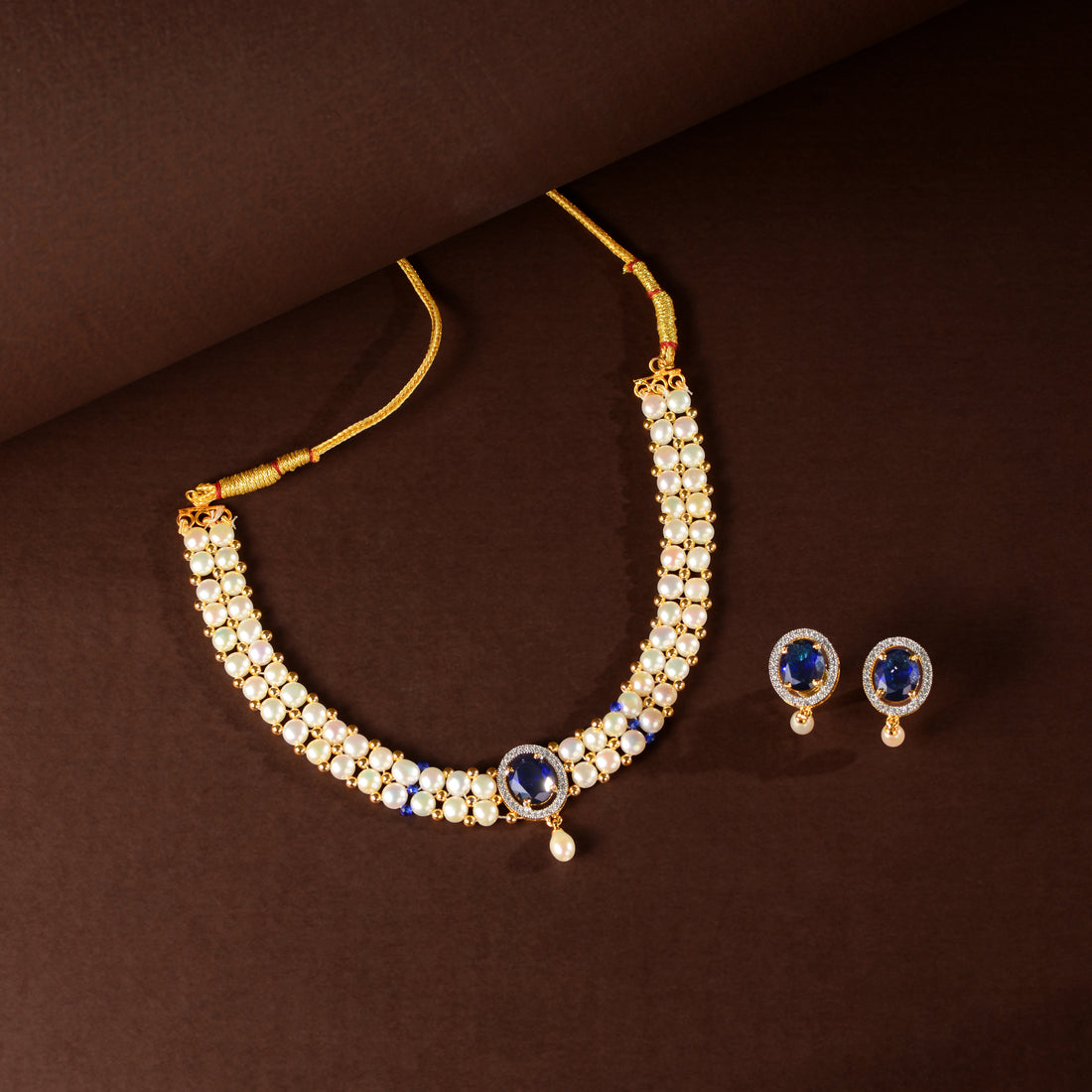 Sitaara Pearl Choker Set (Freshwater Pearl Choker & Earrings Set with Blue Stone Accents)