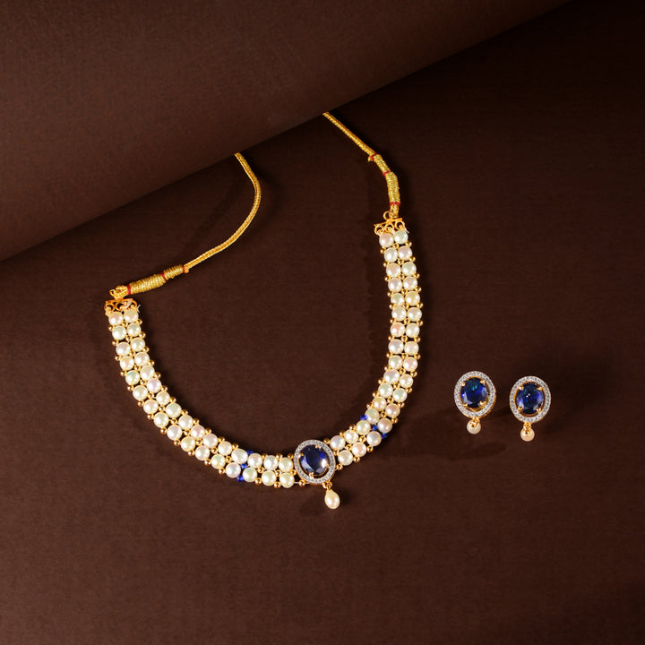 Sitaara Pearl Choker Set (Freshwater Pearl Choker & Earrings Set with Blue Stone Accents)