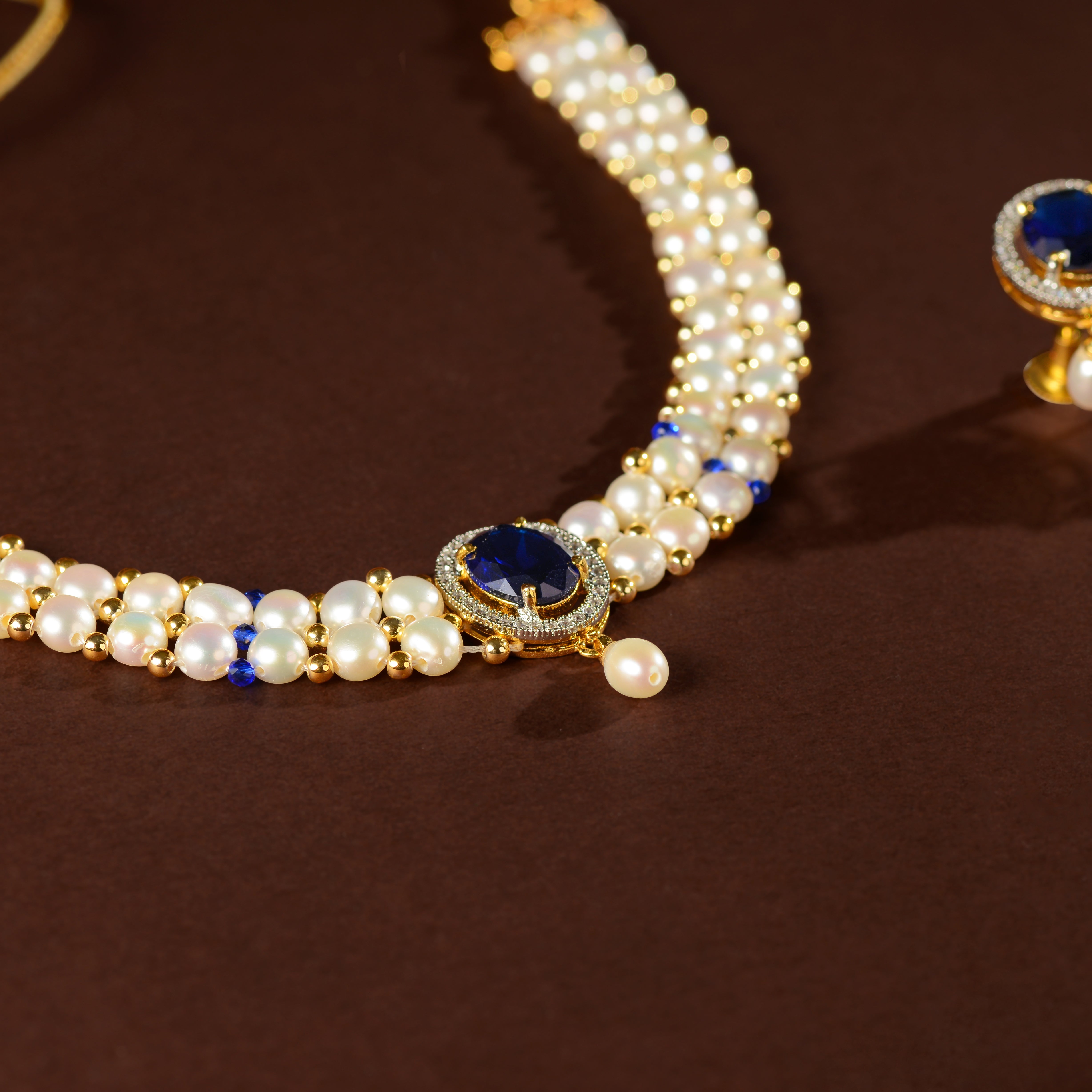Sitaara Pearl Choker Set (Freshwater Pearl Choker & Earrings Set with Blue Stone Accents)