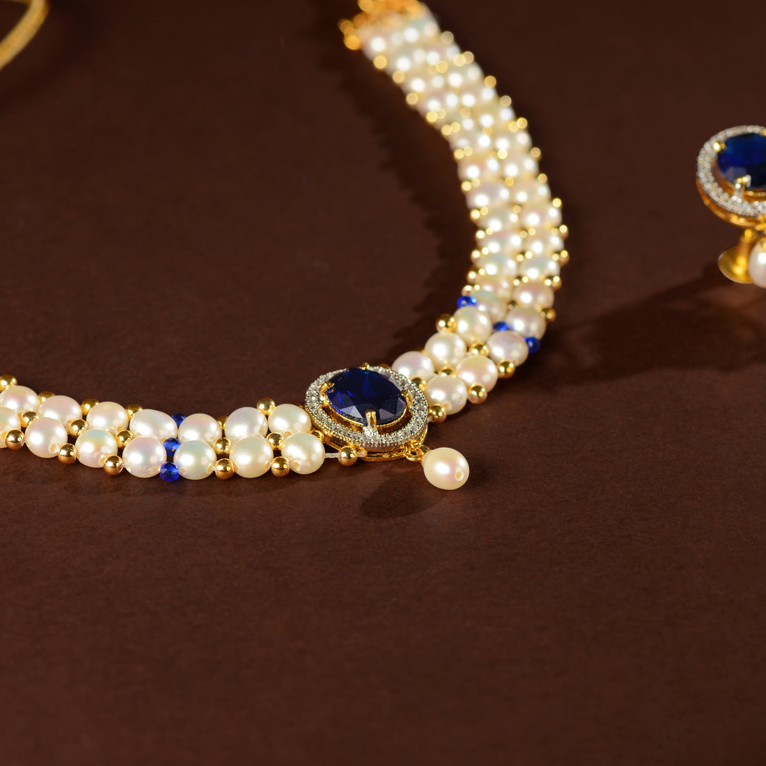 Sitaara Pearl Choker Set (Freshwater Pearl Choker & Earrings Set with Blue Stone Accents)
