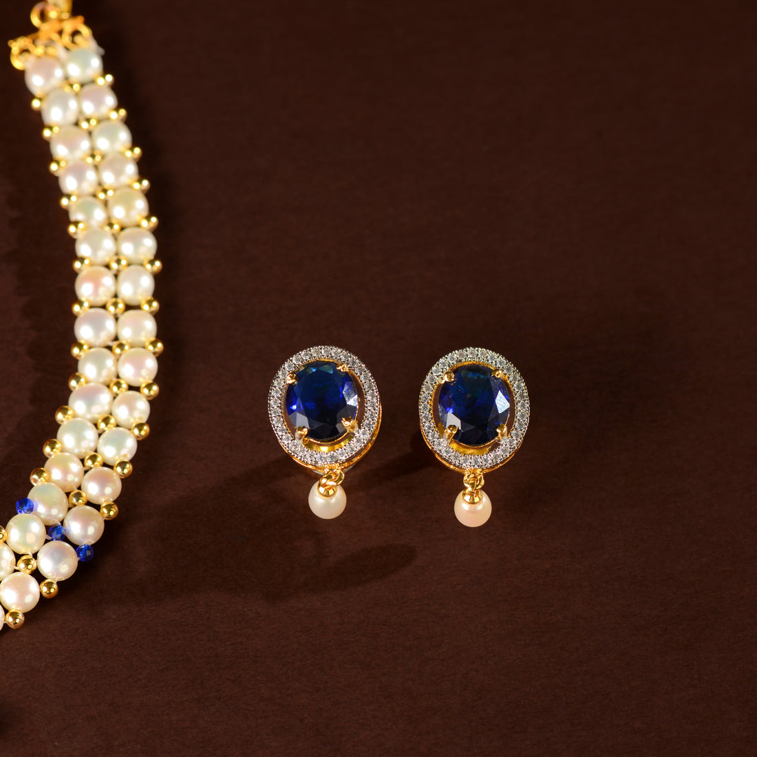 Sitaara Pearl Choker Set (Freshwater Pearl Choker & Earrings Set with Blue Stone Accents)