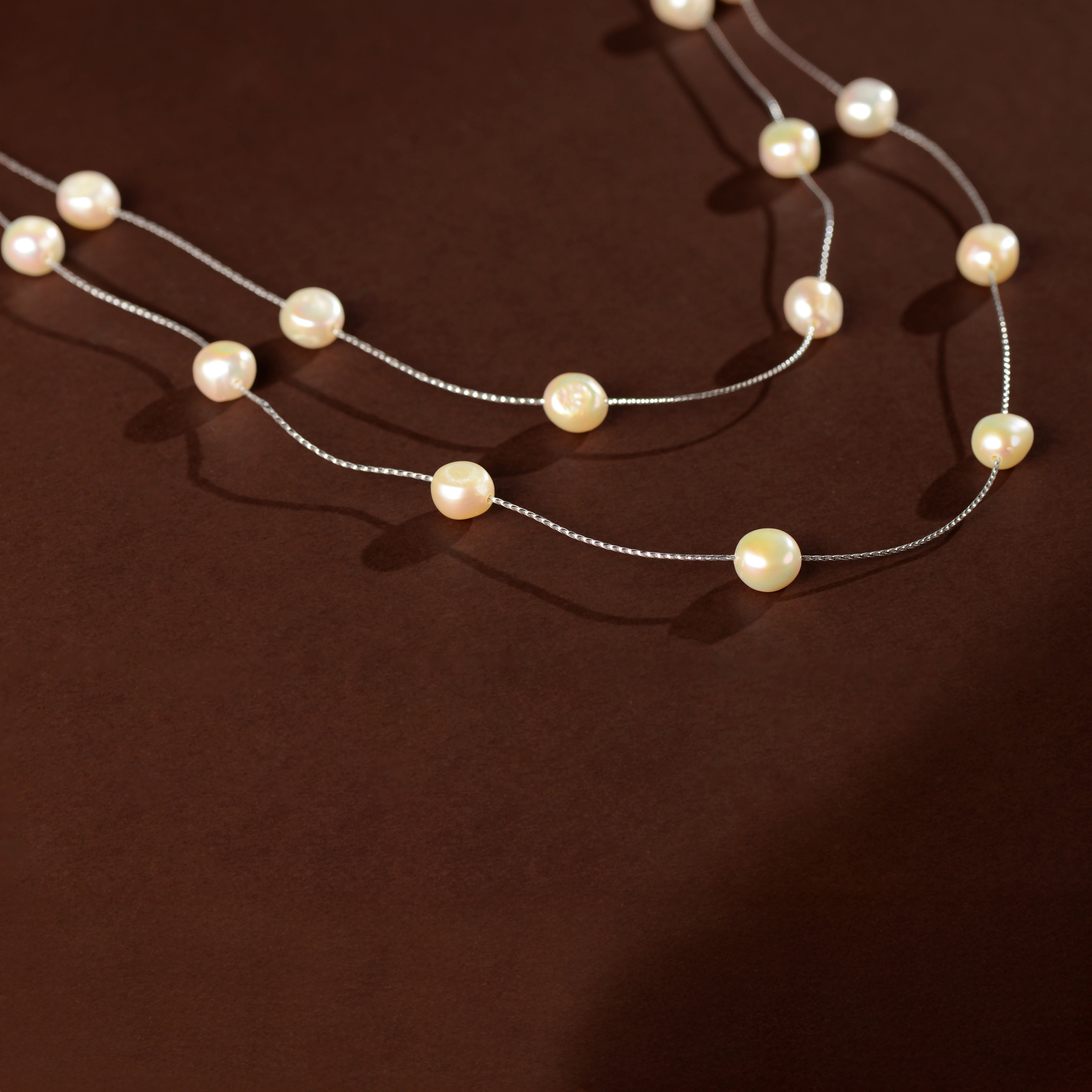 Grey Baroque Pearl Station Necklace (Feshwater Baroque Pearls on Silver Chain)