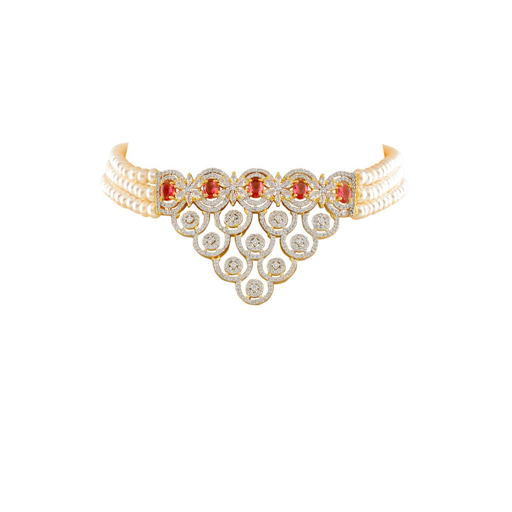 Pearl Choker Set with Red Stones and Freshwater Pearls - Krishna Jewellers Pearls and Gems