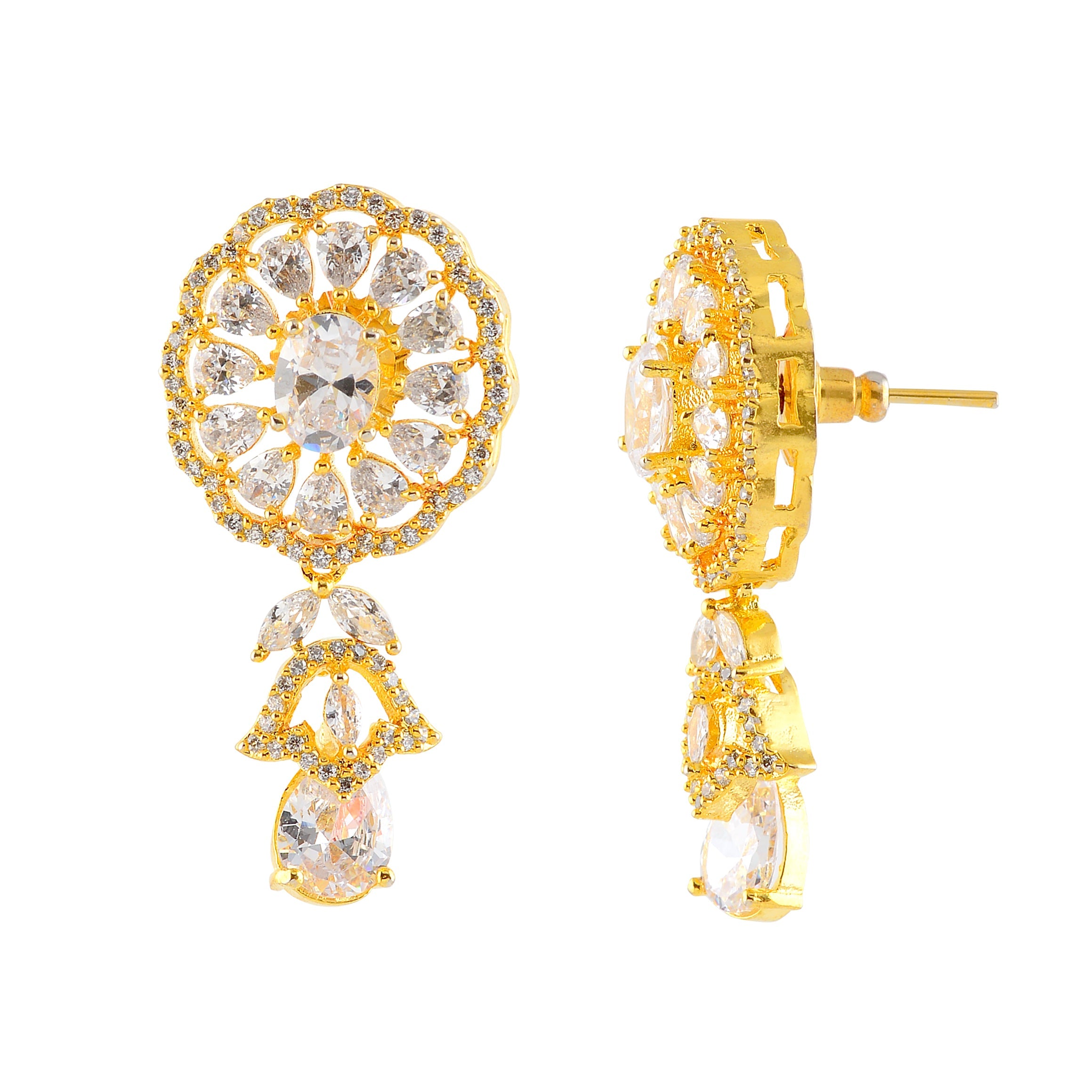 Three Line Button Pearl Choker Necklace Set with white cz stones - Krishna Jewellers Pearls and Gems