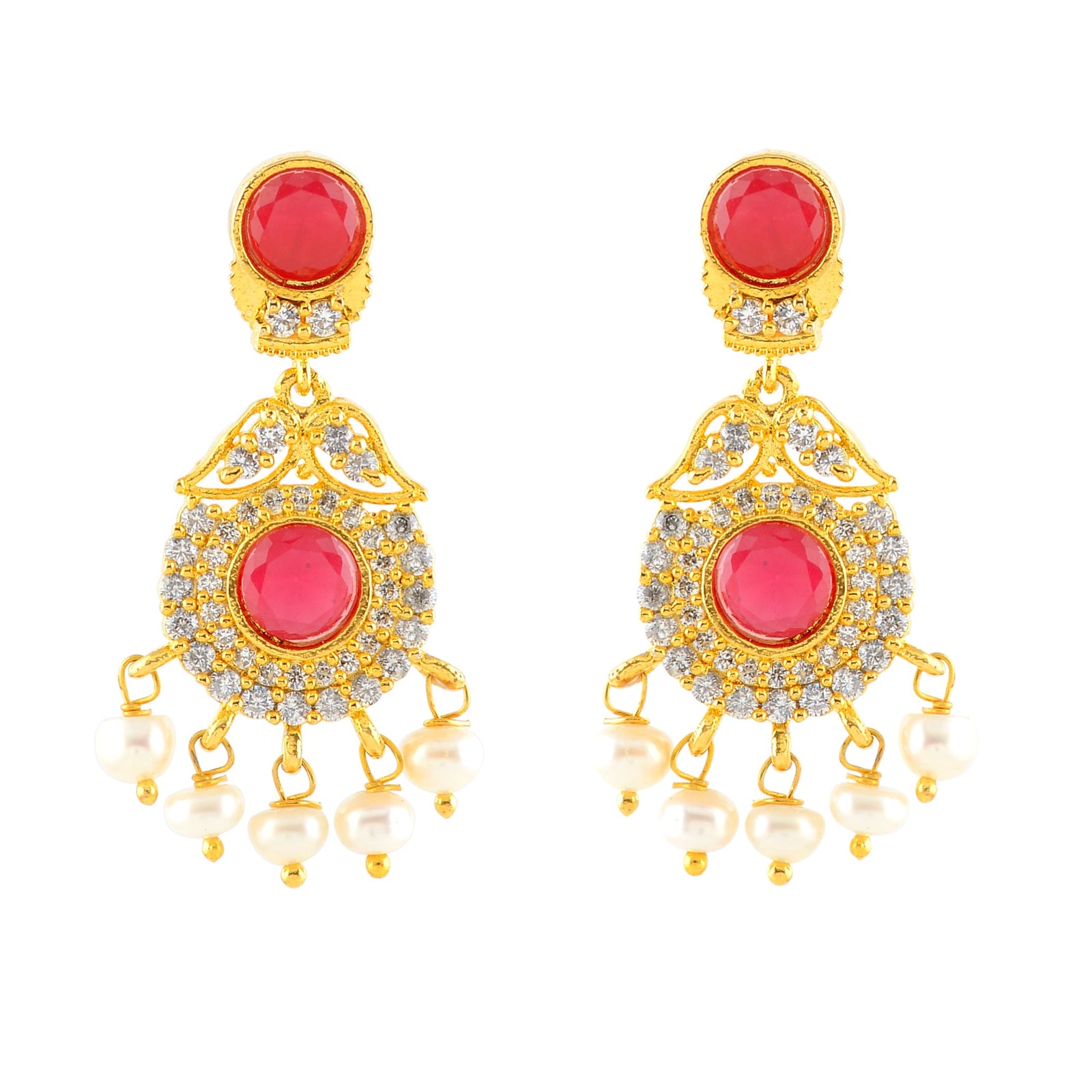 Elegant 3-Layered Necklace Set Adorned with Red Stones - Krishna Jewellers Pearls and Gems