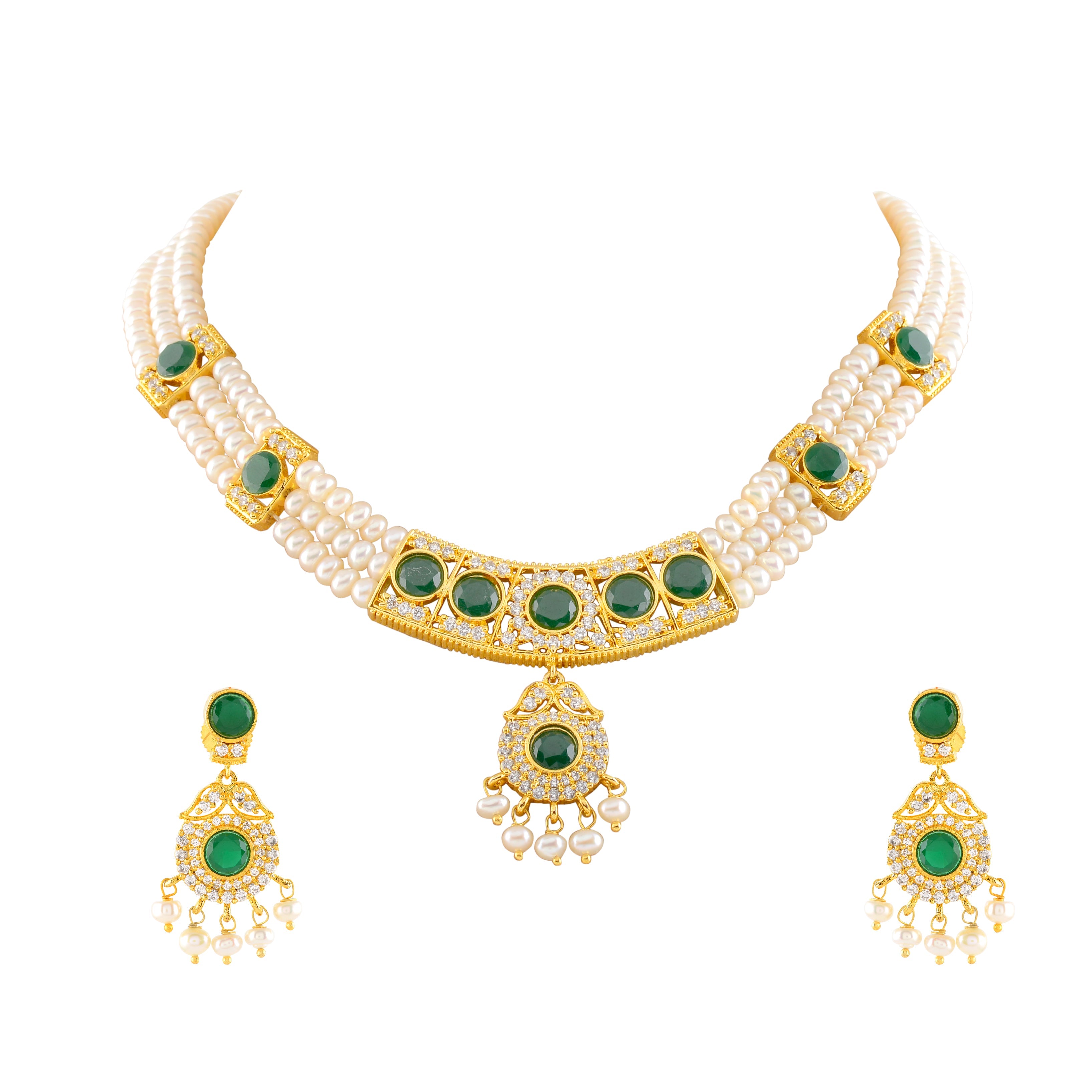 Elegant 3-Layered Pearl Necklace Set Adorned with Green Stones - Krishna Jewellers Pearls and Gems