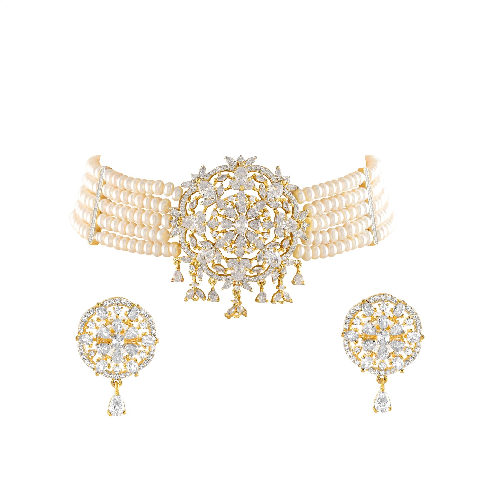 Stunning 5-Layered Button Pearl Choker and Earrings with White CZs - Krishna Jewellers Pearls and Gems