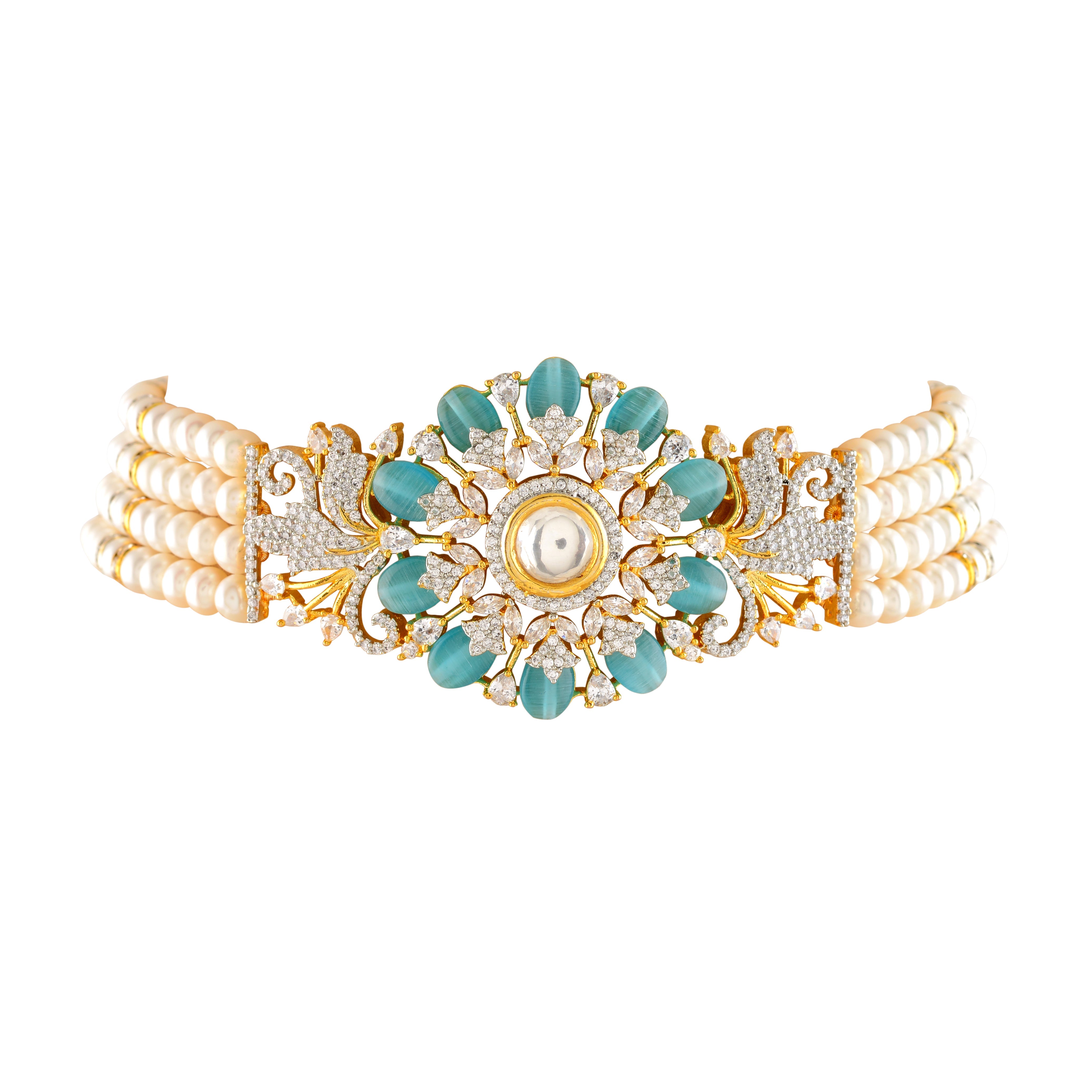 Beautiful Natural Pearl Choker Set with CZ and Green stones - Krishna Jewellers Pearls and Gems