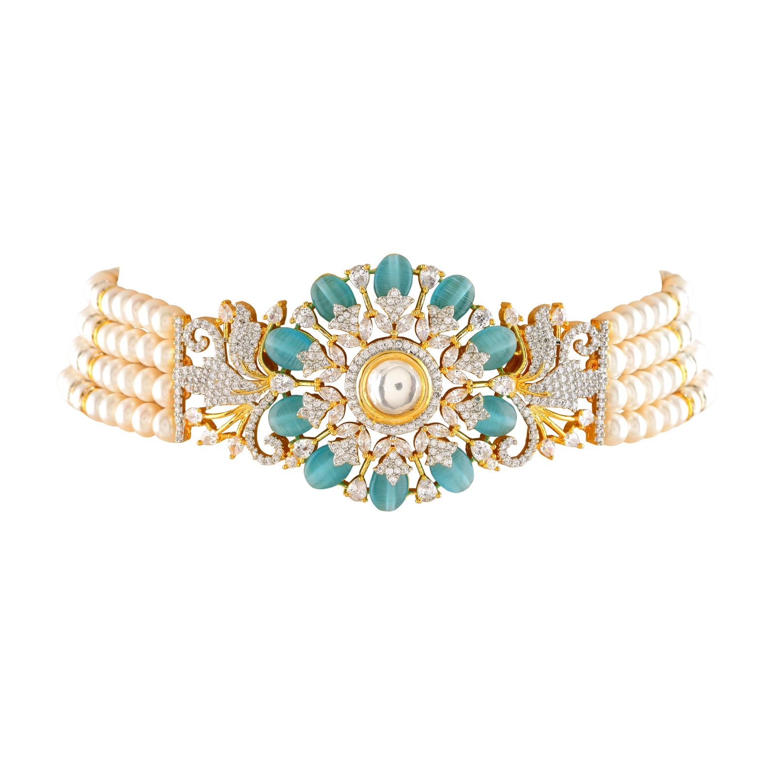 Beautiful Natural Pearl Choker Set with CZ and Green stones - Krishna Jewellers Pearls and Gems