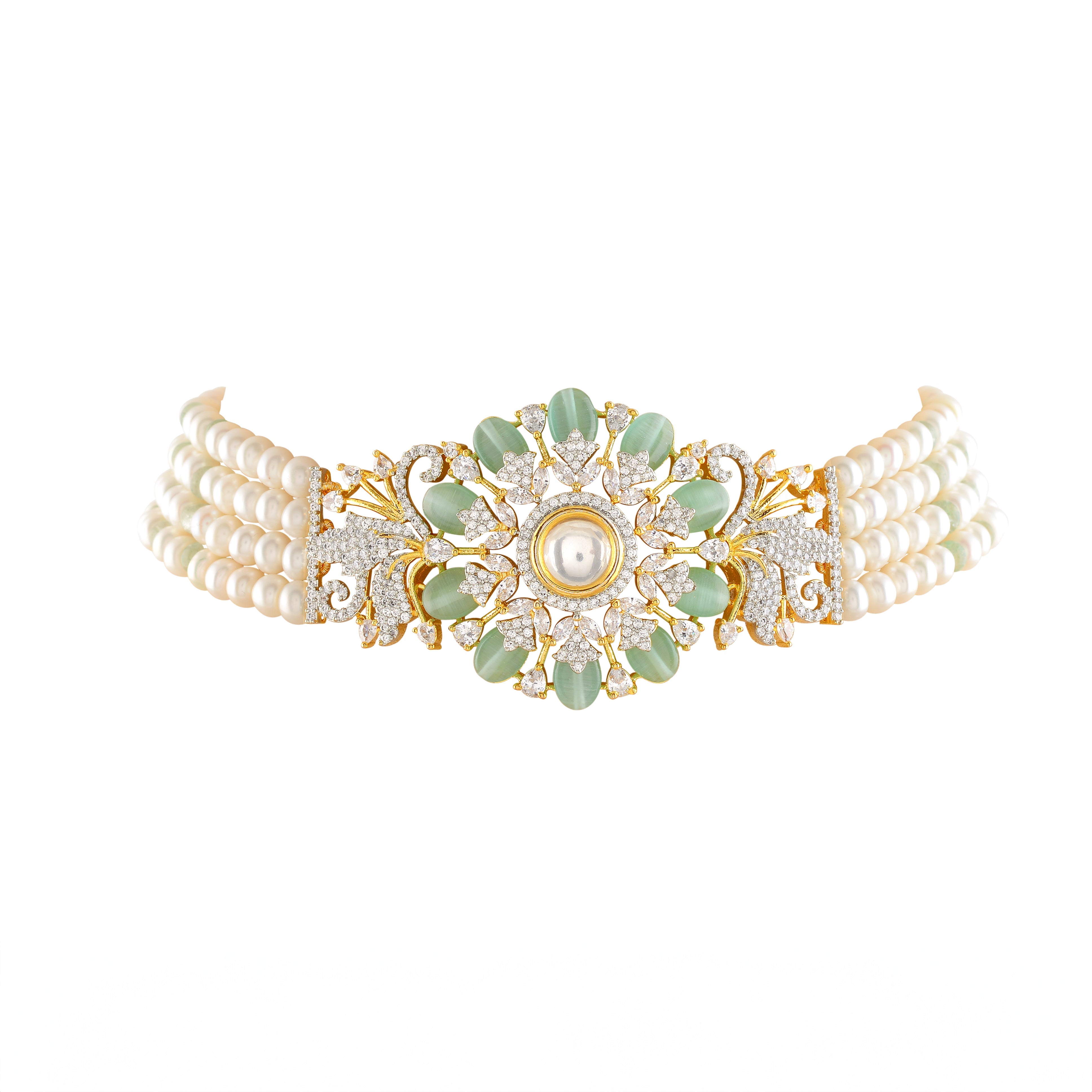 Freshwater Pearl Choker and Earrings with CZ and Green stones - Krishna Jewellers Pearls and Gems