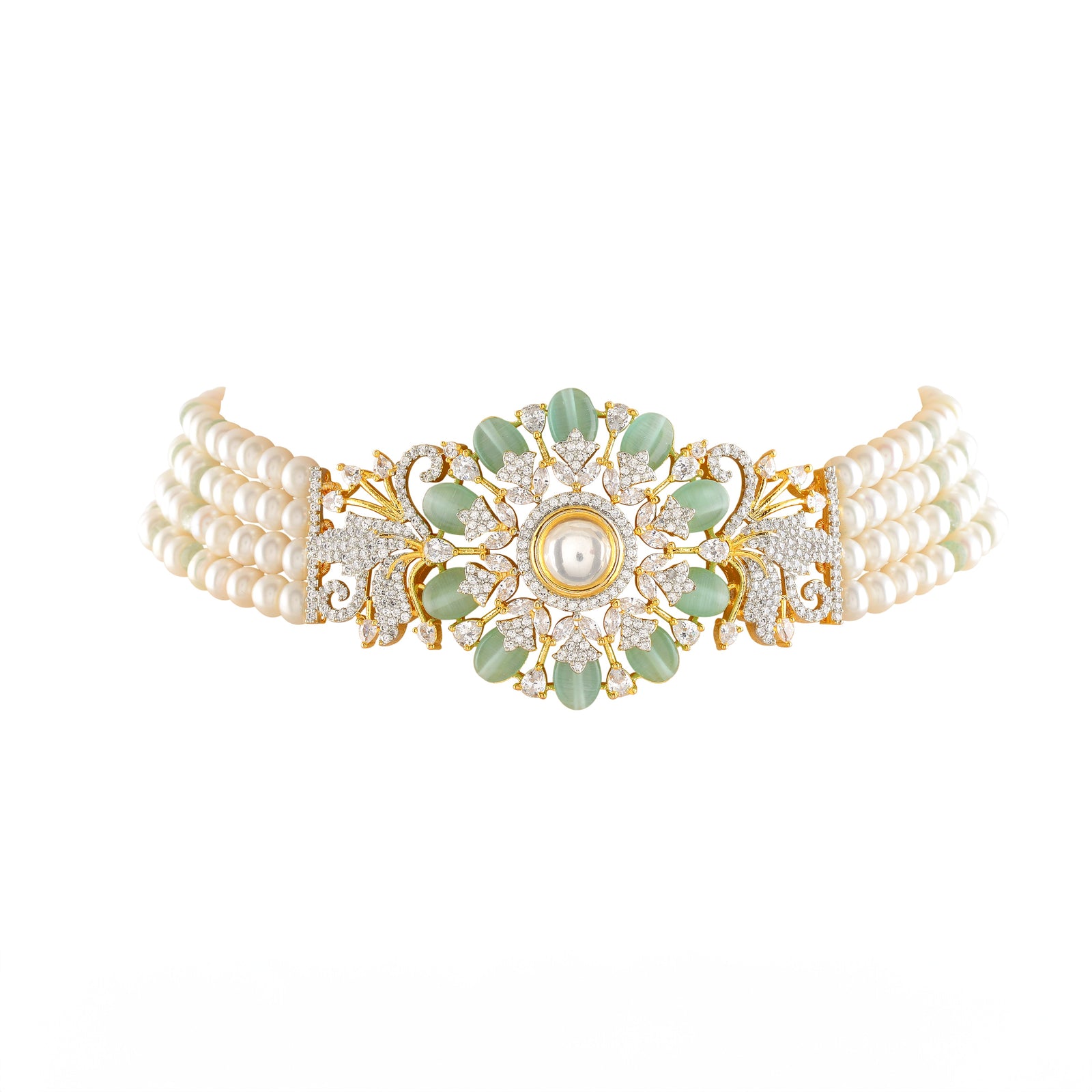 Freshwater Pearl Choker and Earrings with CZ and Green stones - Krishna Jewellers Pearls and Gems