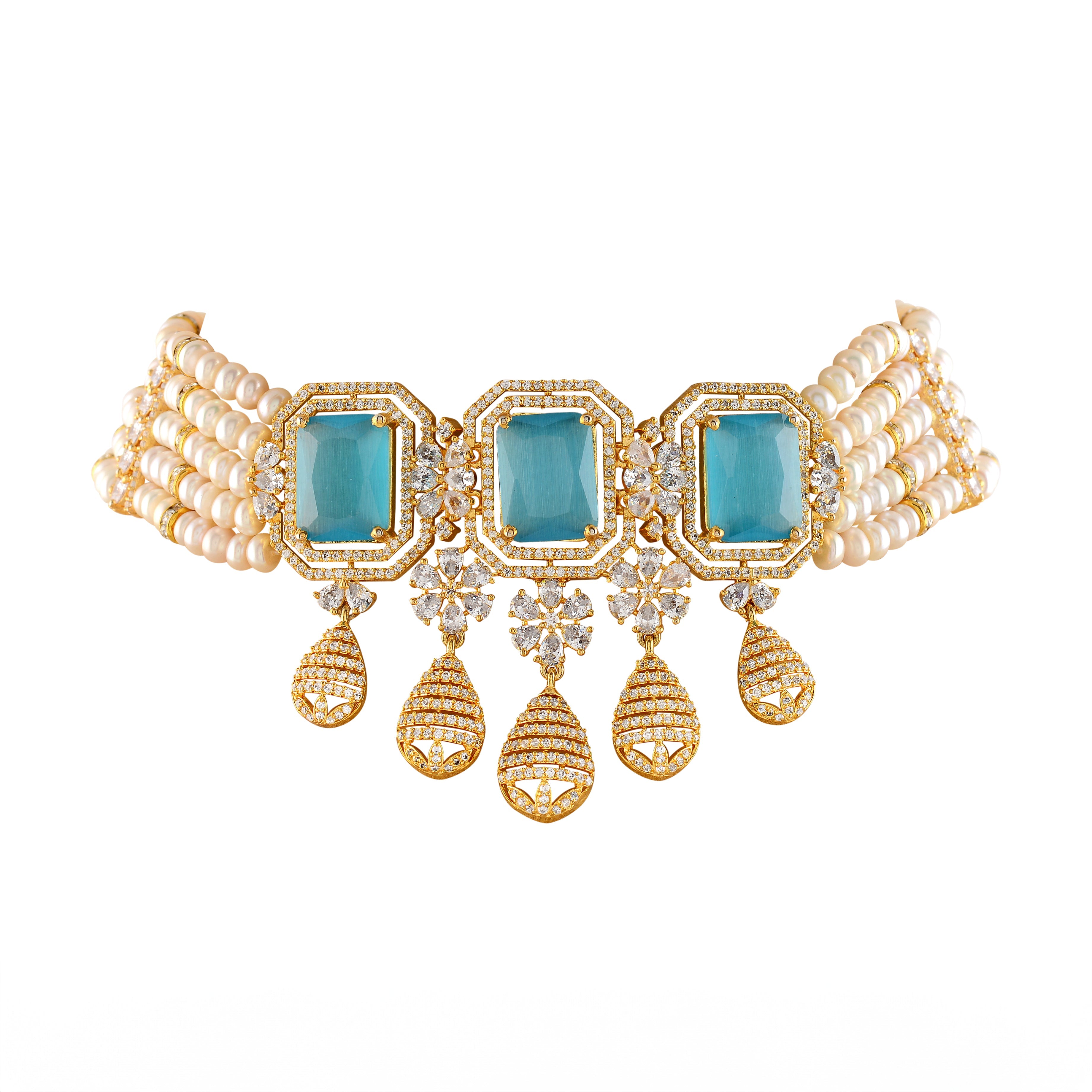 Beautiful Natural Pearl Choker Set with Bright Sky blue stones - Krishna Jewellers Pearls and Gems