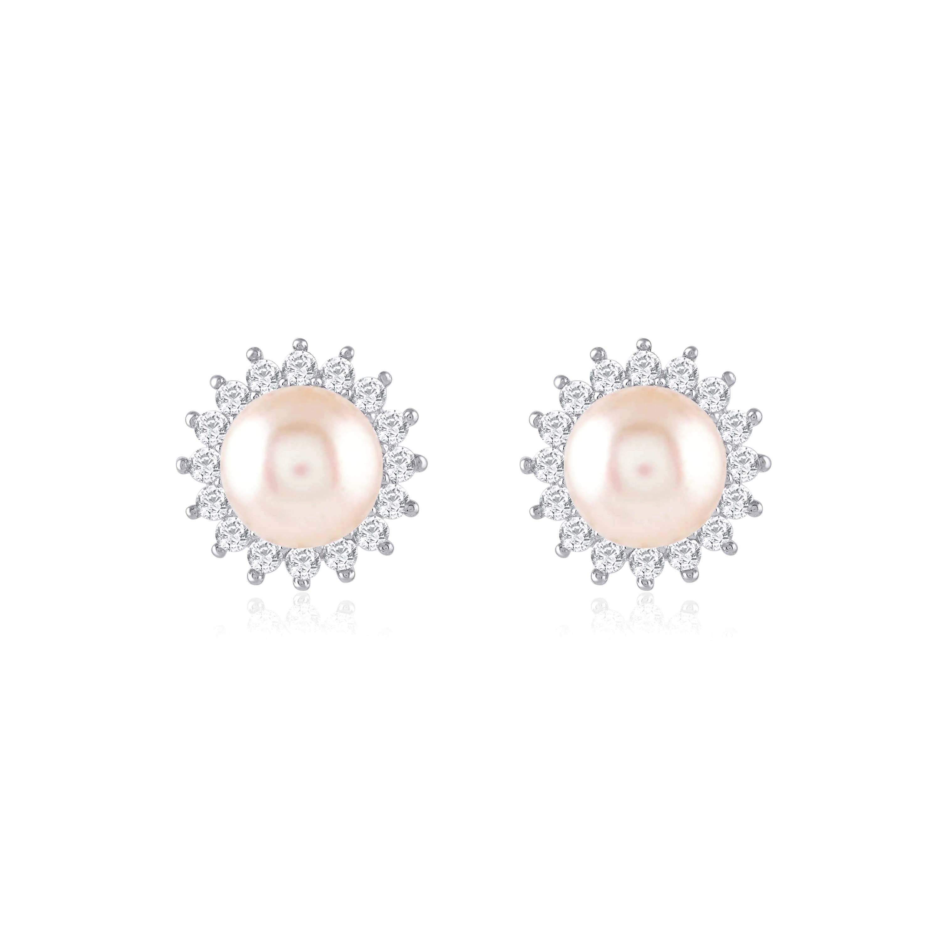 Silver Flower Pearl Stud Earrings - Krishna Jewellers Pearls and Gems
