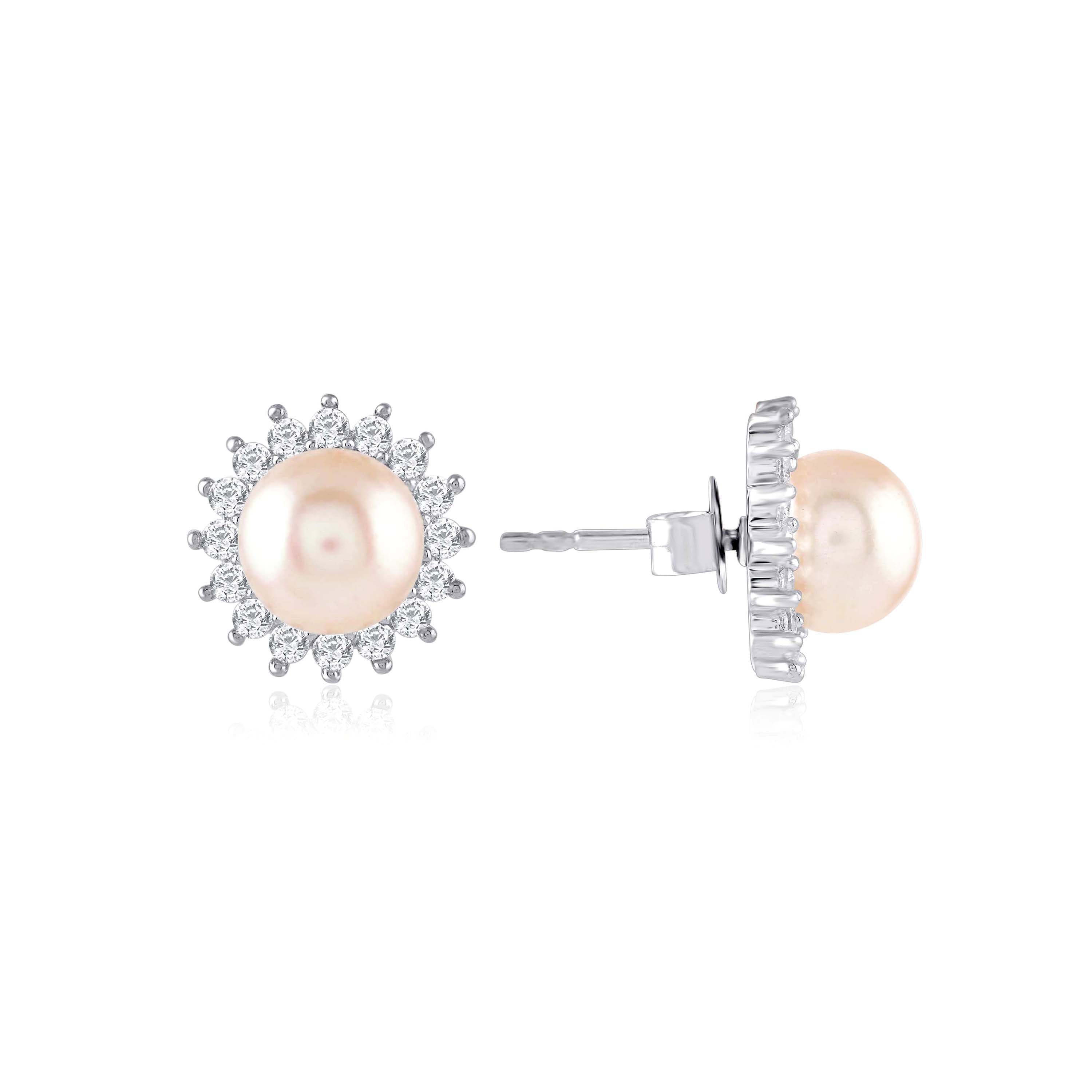 Silver Flower Pearl Stud Earrings - Krishna Jewellers Pearls and Gems