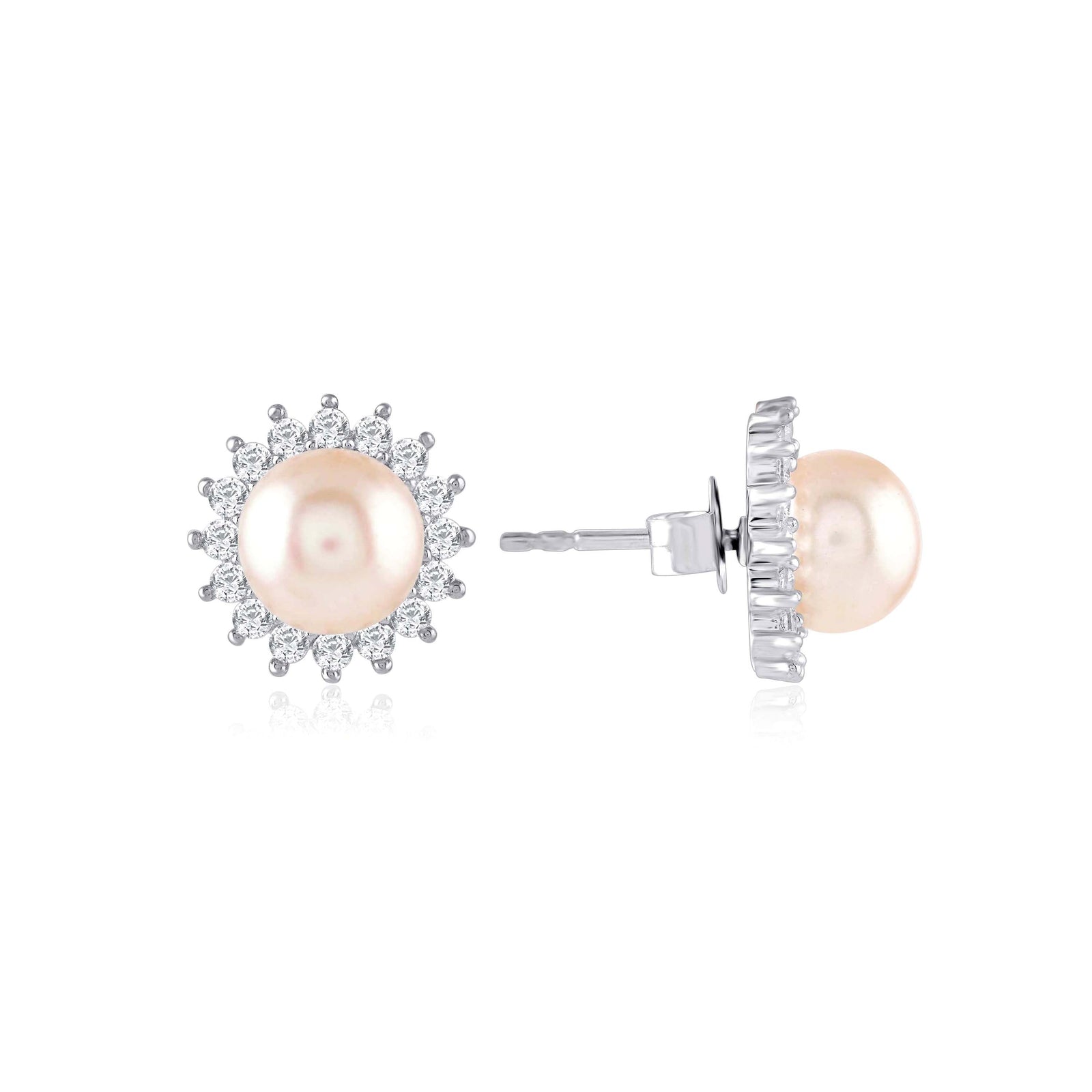 Silver Flower Pearl Stud Earrings - Krishna Jewellers Pearls and Gems