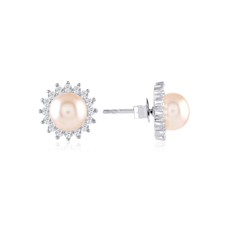 Silver Flower Pearl Stud Earrings - Krishna Jewellers Pearls and Gems