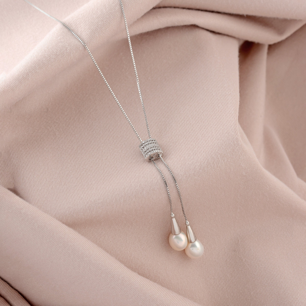 Pretty Silver Pearl Drops Necklace - Main Image