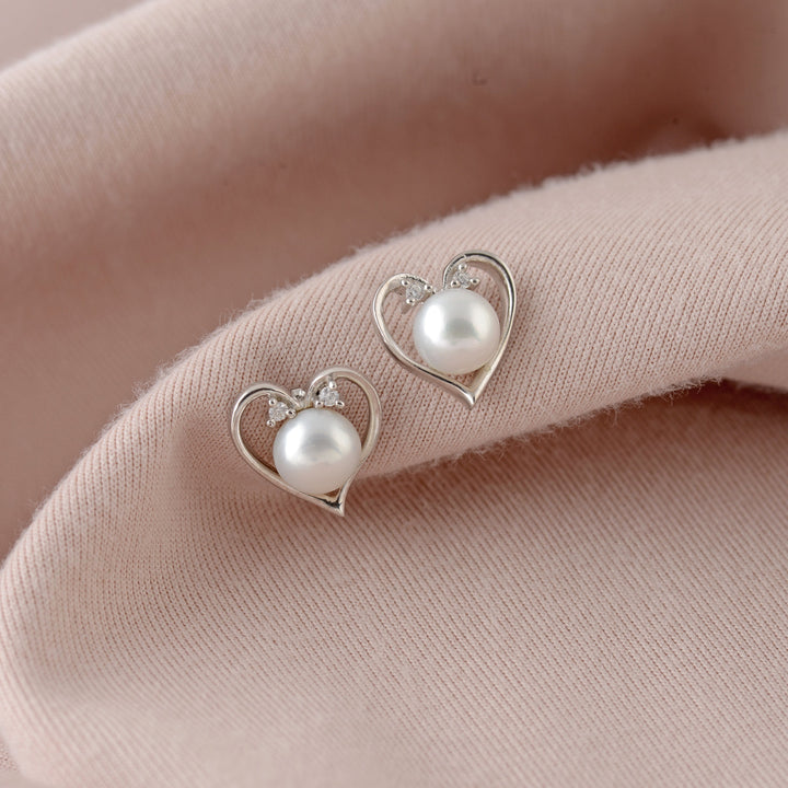 Sterling Silver Freshwater Pearl Heart Stud Earrings - Krishna Jewellers Pearls and Gems