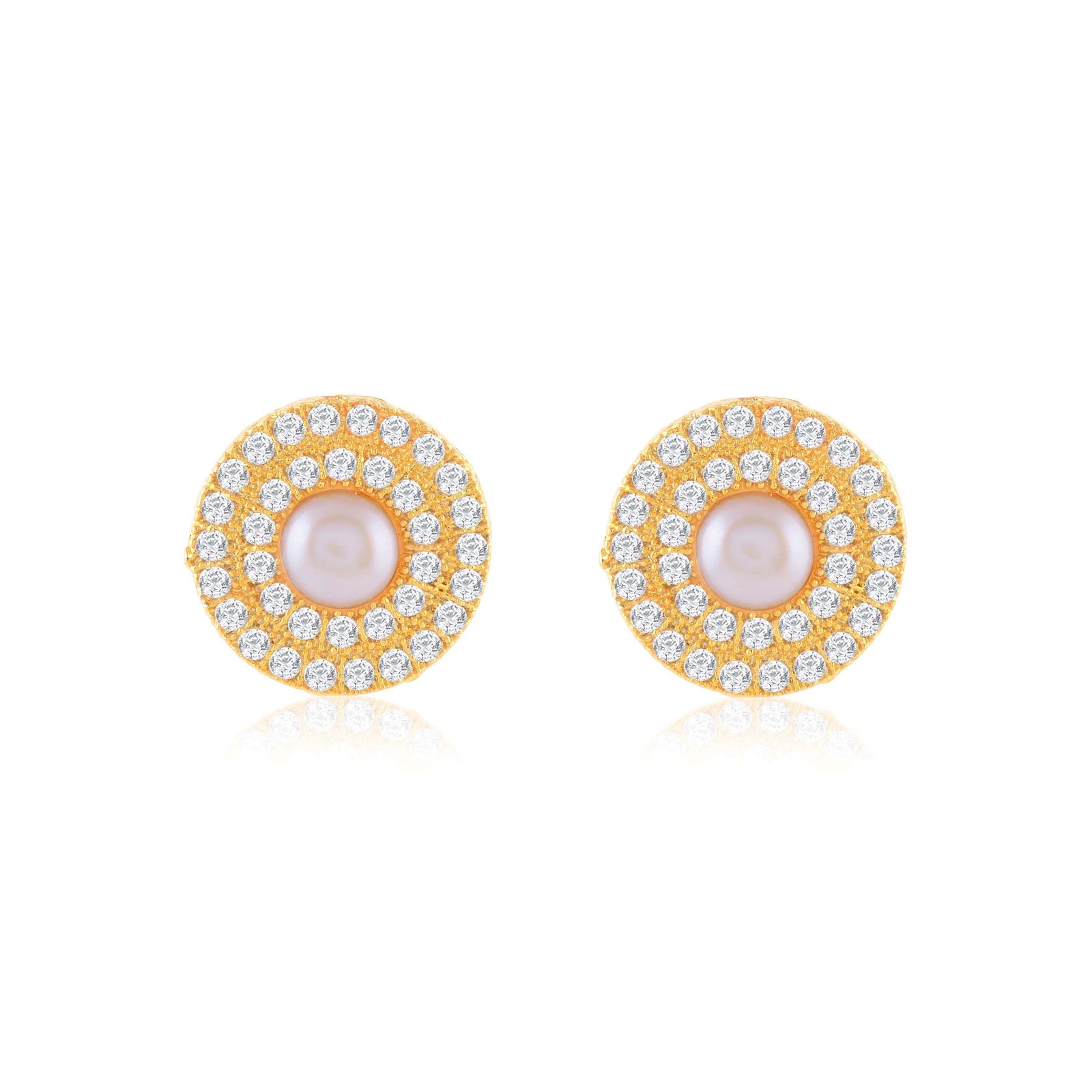 Gleaming Gold-plated Pearl Studs halo Earrings - Krishna Jewellers Pearls and Gems