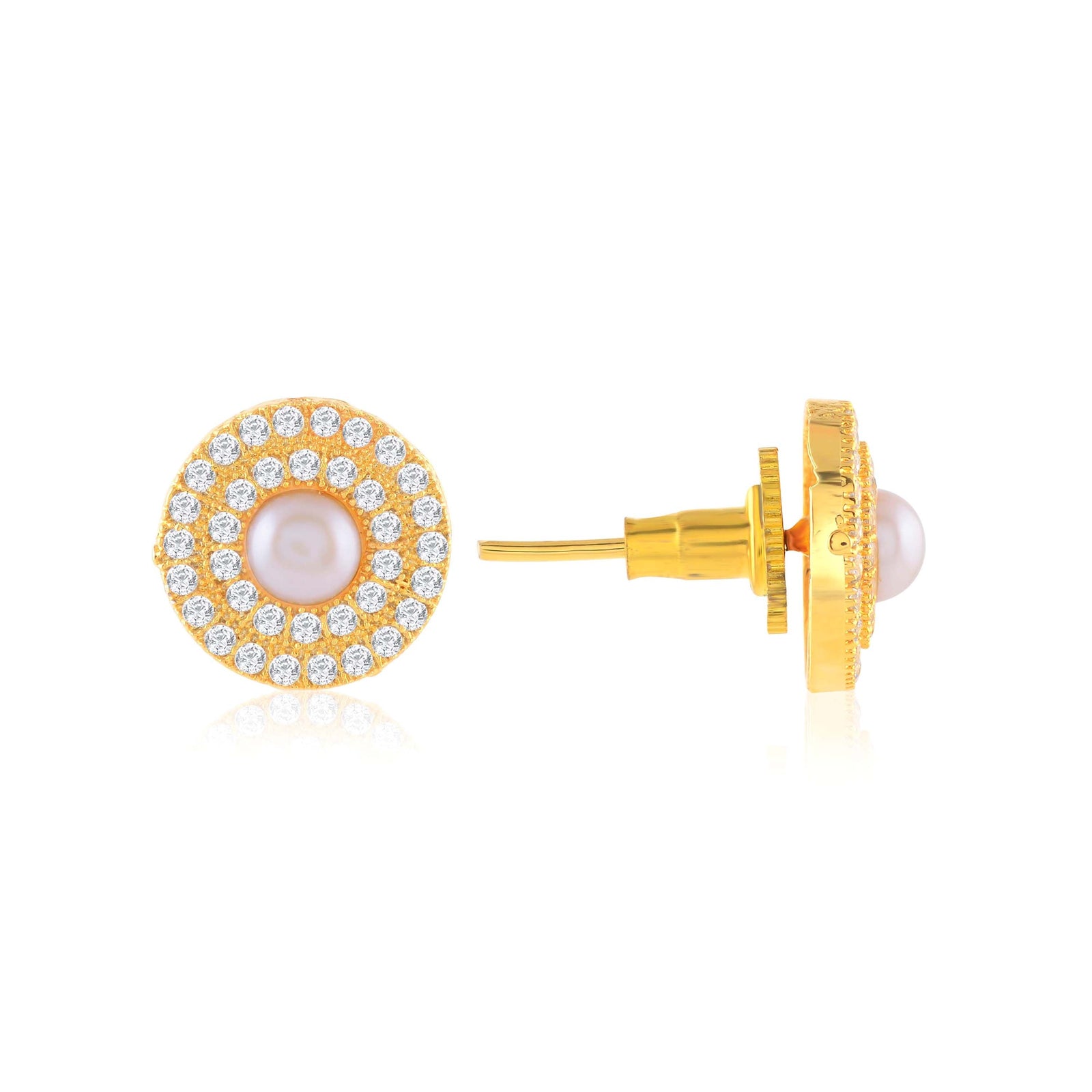 Gleaming Gold-plated Pearl Studs halo Earrings - Krishna Jewellers Pearls and Gems