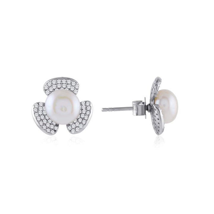 Floral studs with Button Pearl Earrings - Krishna Jewellers Pearls and Gems