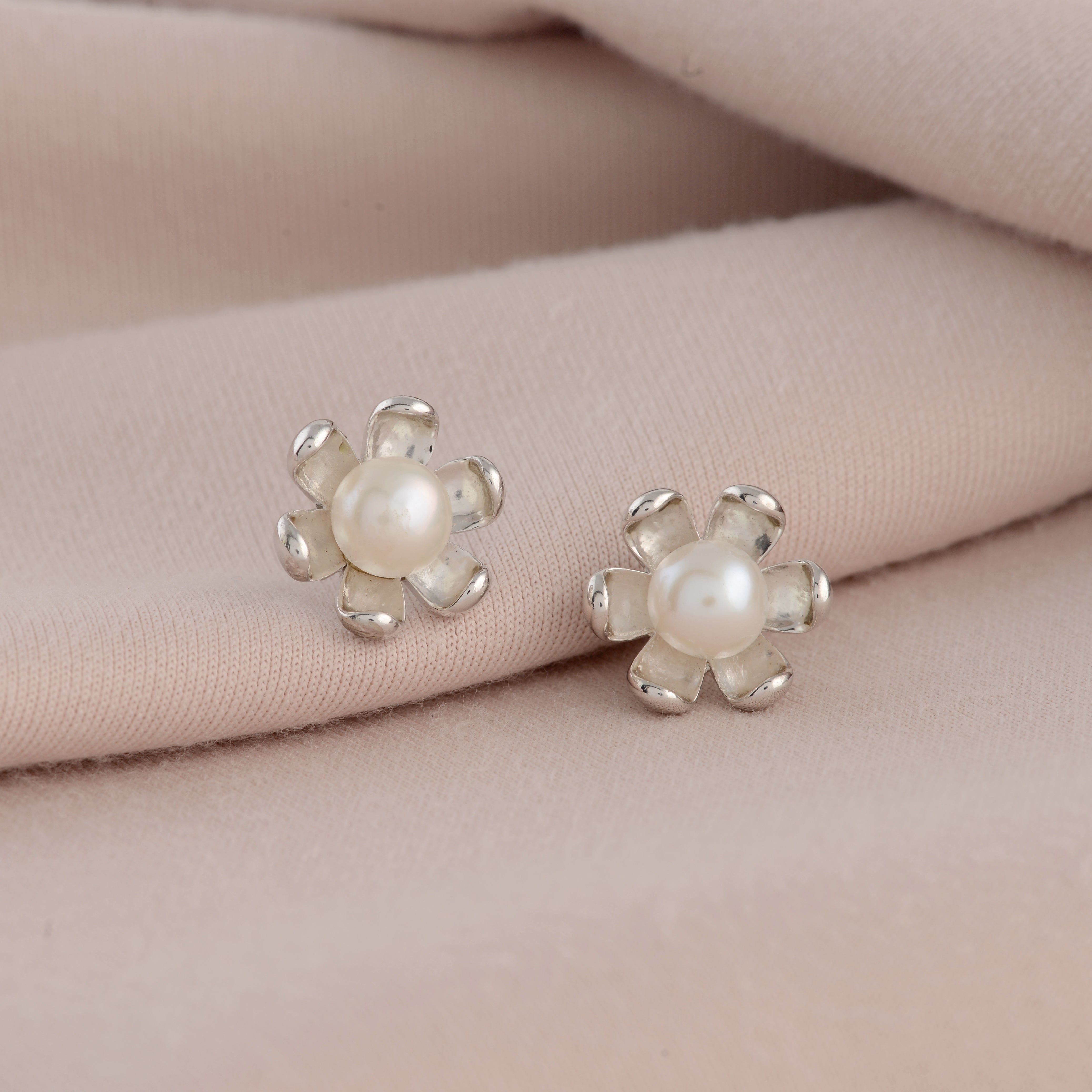 Stunning Silver Floral Pearls Studs Earrings - Krishna Jewellers Pearls and Gems