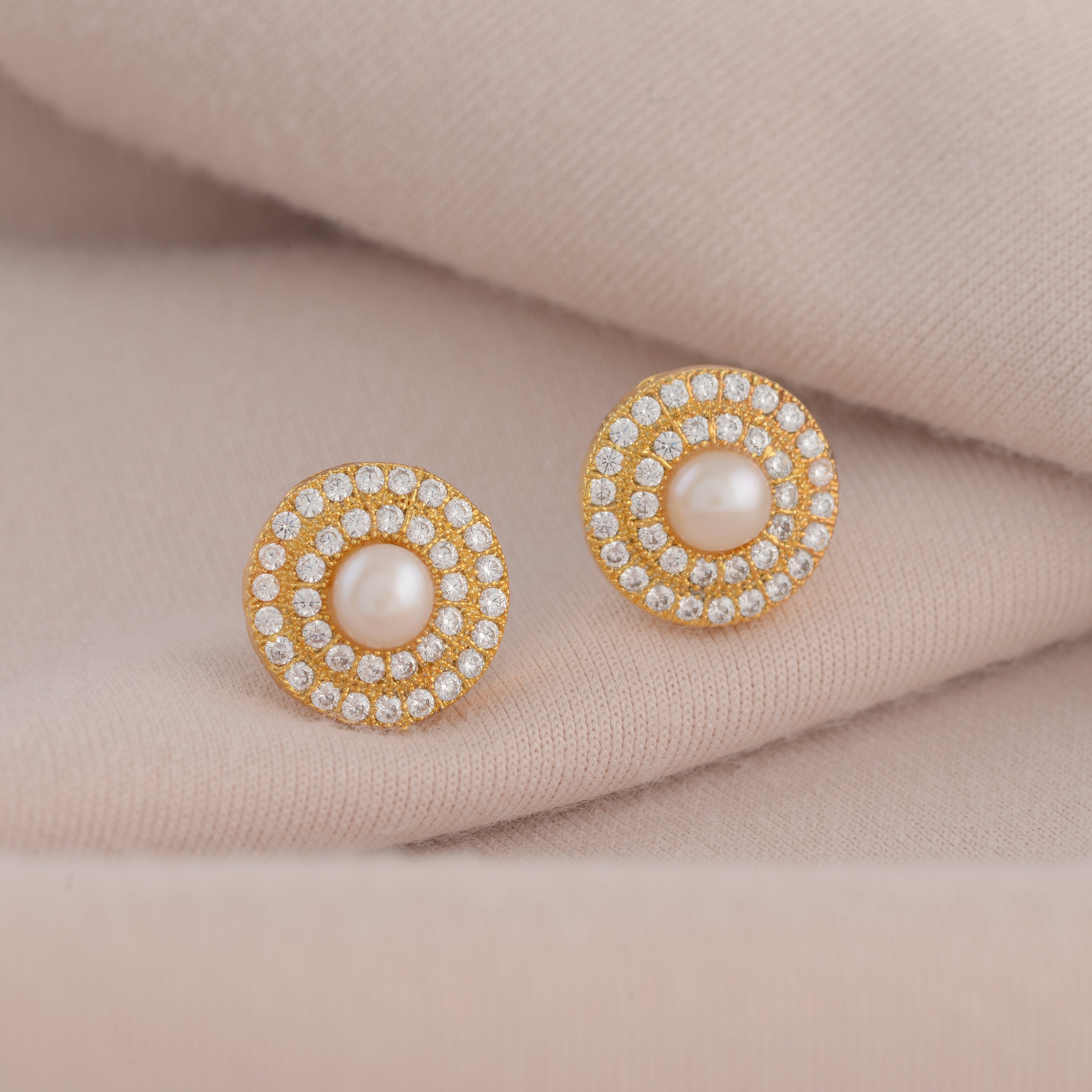 Gleaming Gold-plated Pearl Studs halo Earrings - Krishna Jewellers Pearls and Gems