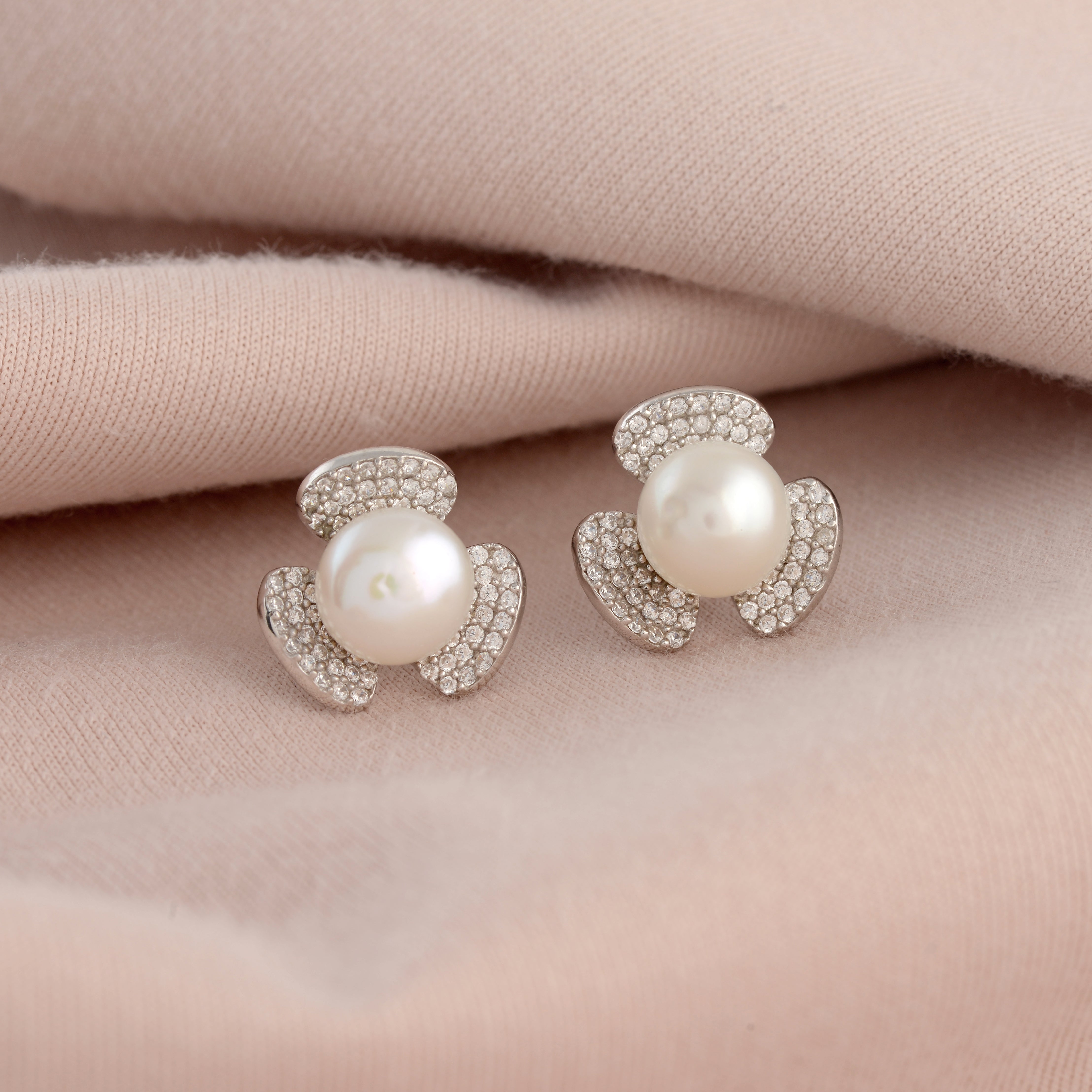Floral studs with Button Pearl Earrings - Krishna Jewellers Pearls and Gems