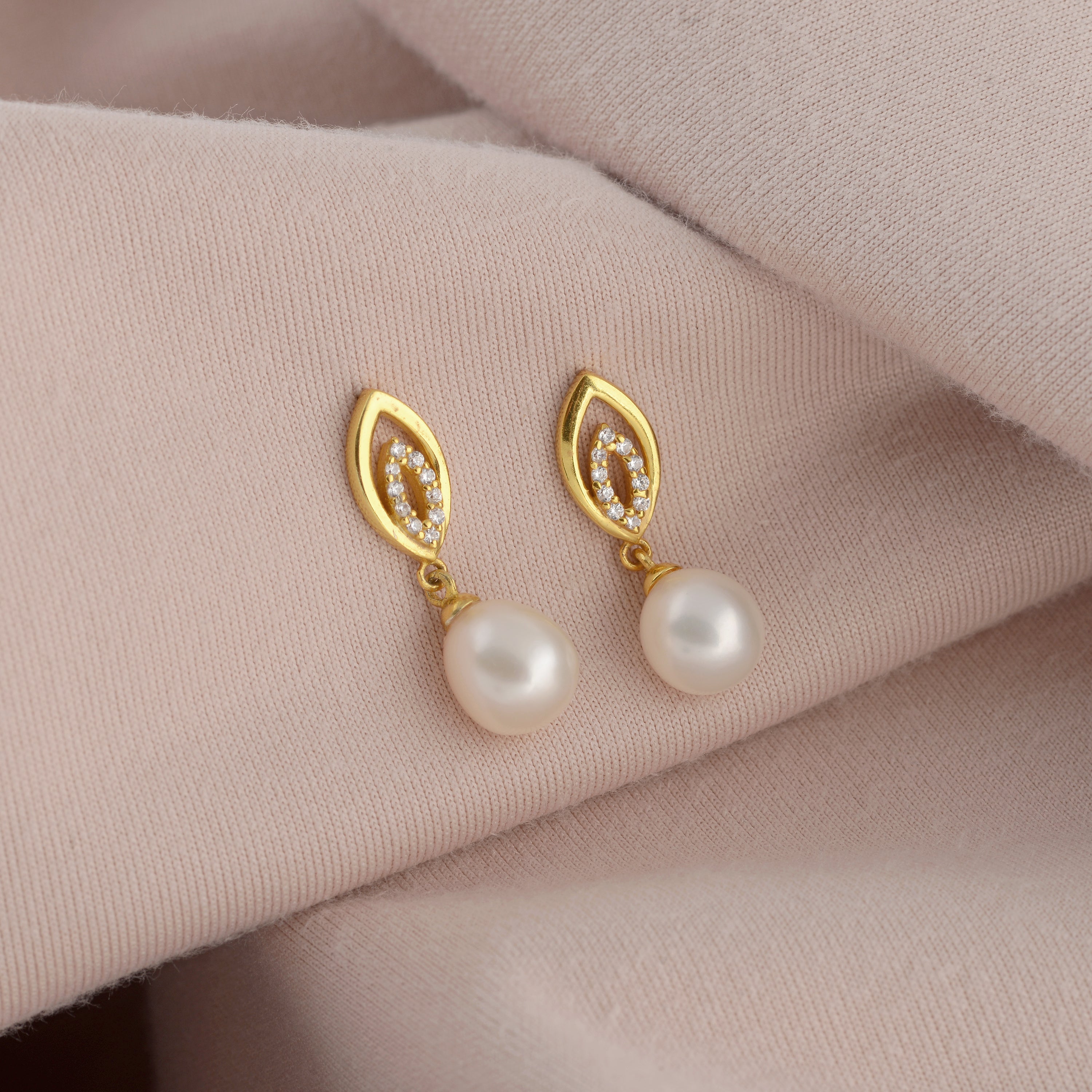 Flawless Leaf Pattern Pearl Dangler Earrings - Krishna Jewellers Pearls and Gems