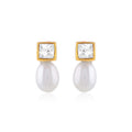 Square Crest Pearl Drop Earrings (Freshwater Pearl Drop Earrings with Gold Finish)