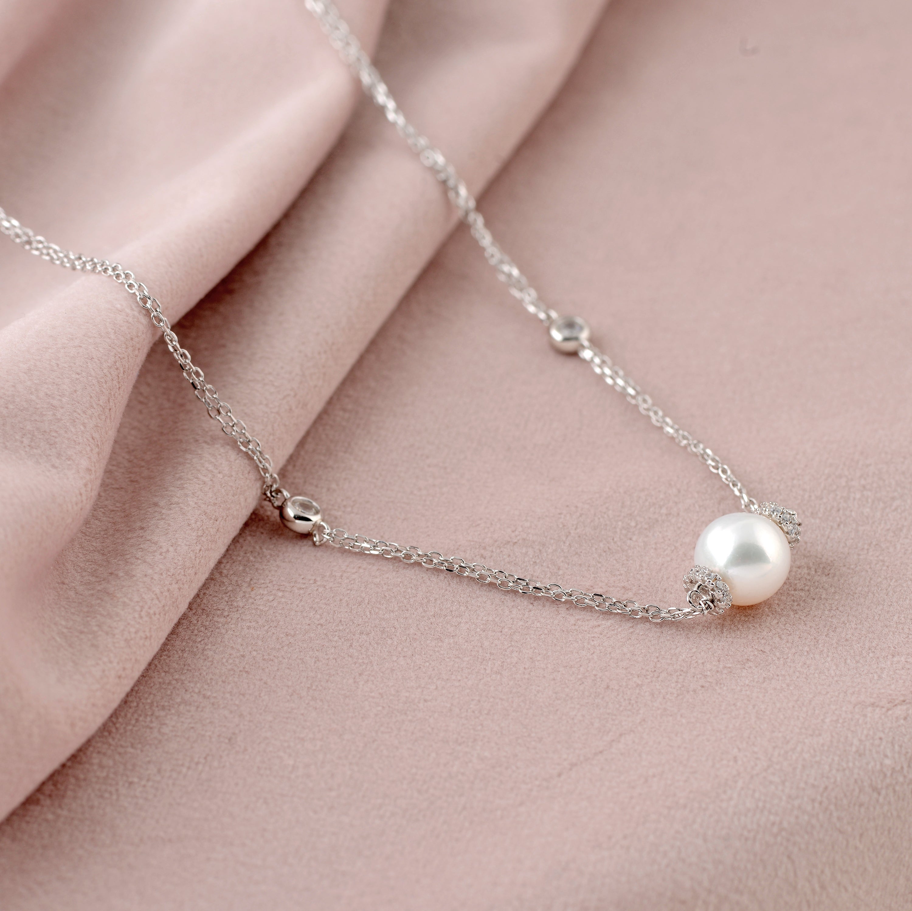 Sterling Silver Round Fresh Water Pearl Beaded Chain Necklace - Krishna Jewellers Pearls and Gems