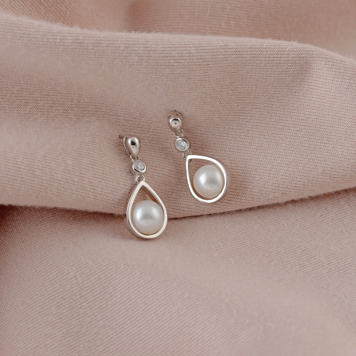 Exquisite Silver Teardrop Freshwater White Pearl & CZ - Krishna Jewellers Pearls and Gems