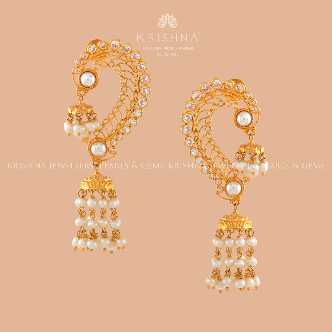 Mayura Gold Pearl Jhumka Earrings - Krishna Jewellers Pearls and Gems
