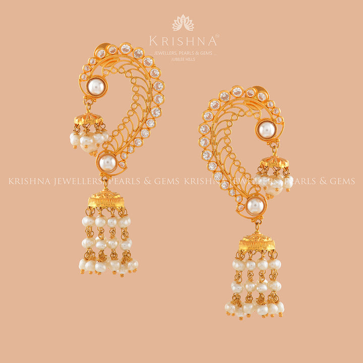 Mayura Gold Pearl Jhumka Earrings - Krishna Jewellers Pearls and Gems