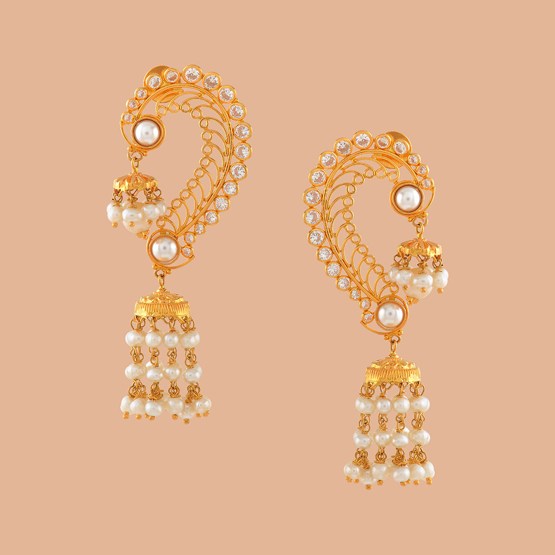 Mayura Gold Pearl Jhumka Earrings - Krishna Jewellers Pearls and Gems